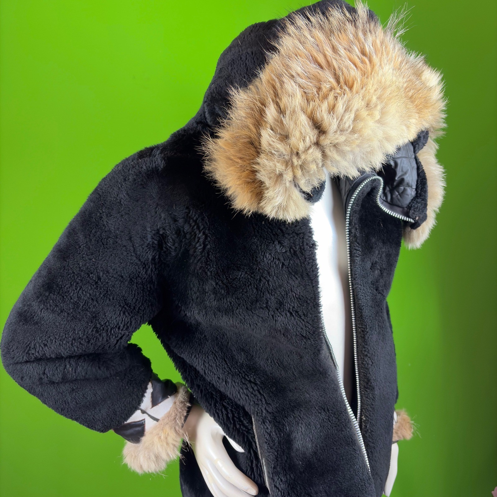 Vintage 70s Anchorage Fur Factory Alaska Womens Black Fur Trim Parka Coat NO ZIP