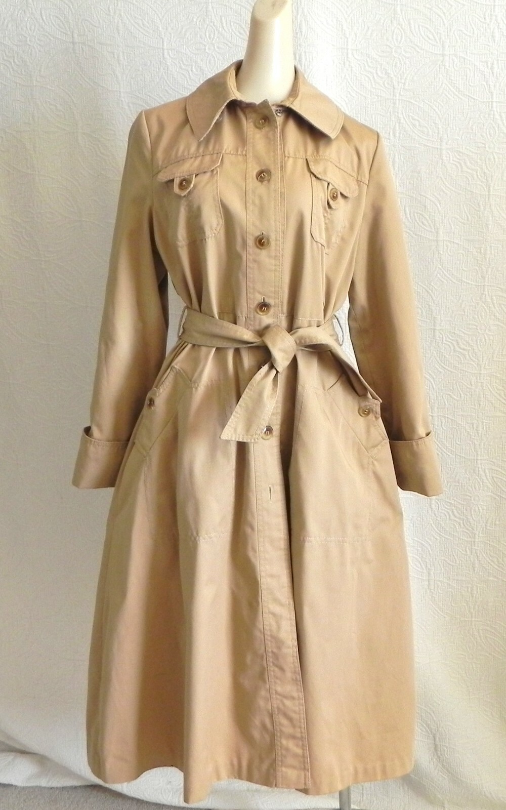 Vtg Made in Japan Trench Coat Khaki Midi Belted Pockets Cotton Blend Size S