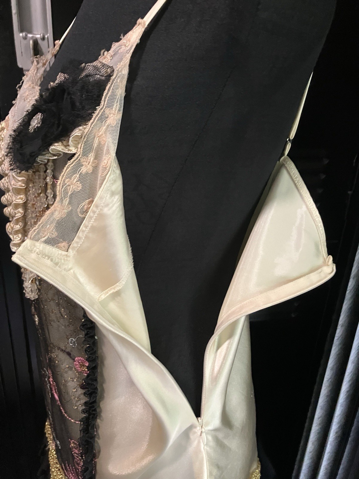 Vintage Ivory Slip with Black Ruffle Hem Lace Upcycled Flapper Gatsby Speakeasy