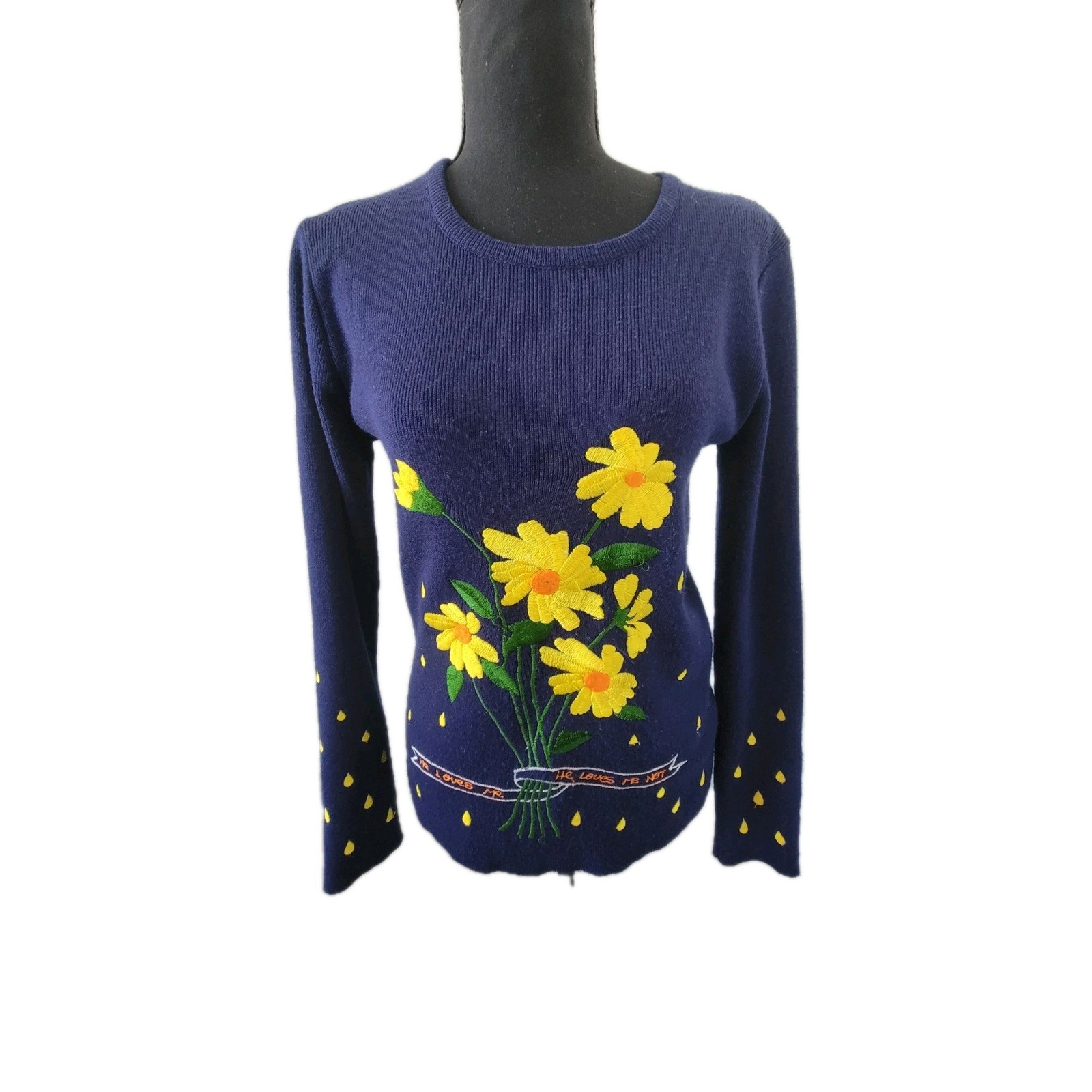 1970s Unique Vintage Love Sweater Flowers He Loves Me He Loves Me Not Boutique S