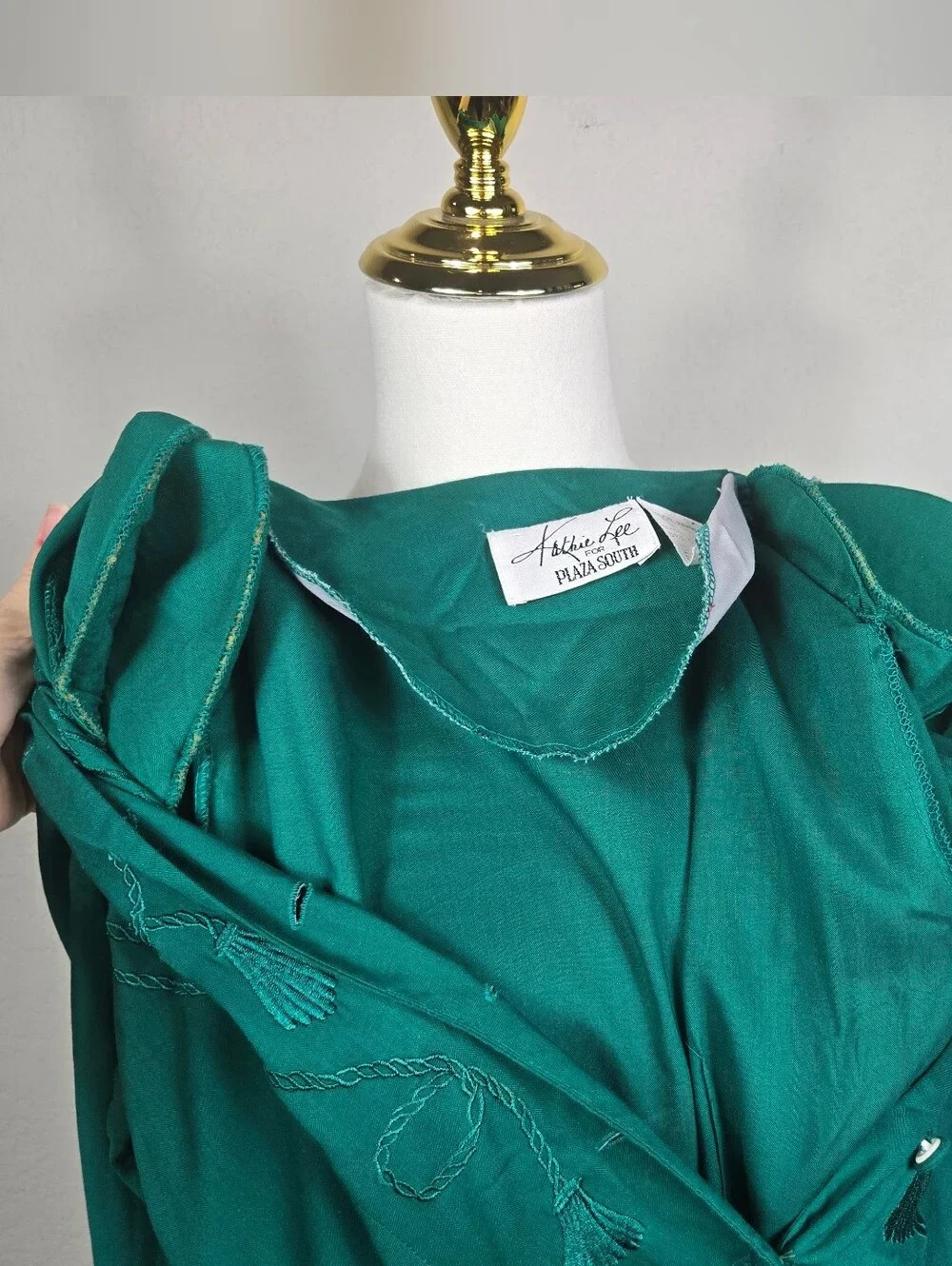 Vintage 80s Kathie Lee Emerald Embroidered Prairie Midi Dress Cottagecore Sz 6
