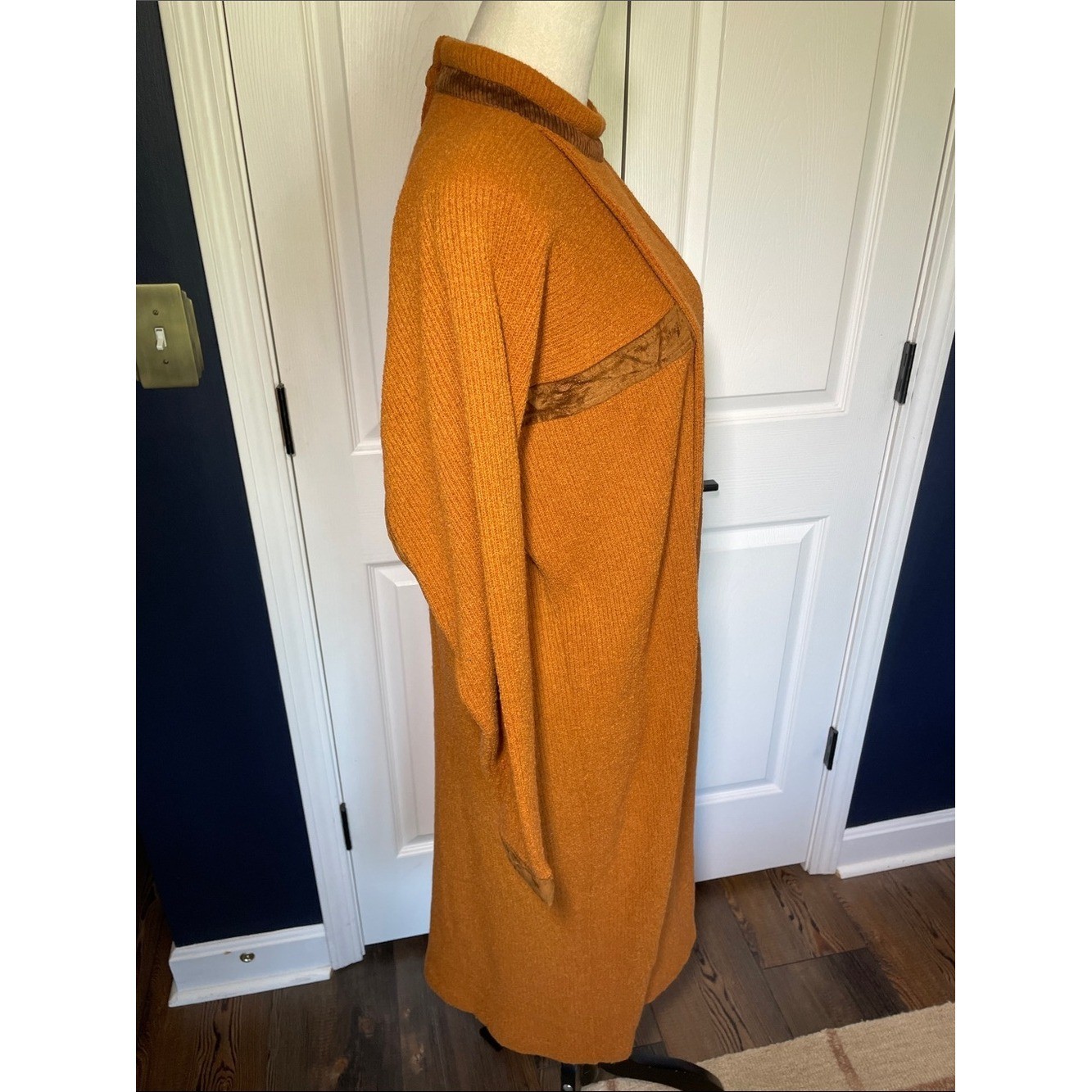 Vintage SPAZIO Italy Wool Knit Dress Orange Funnel Neck Velvet Trim Midi Maxi L