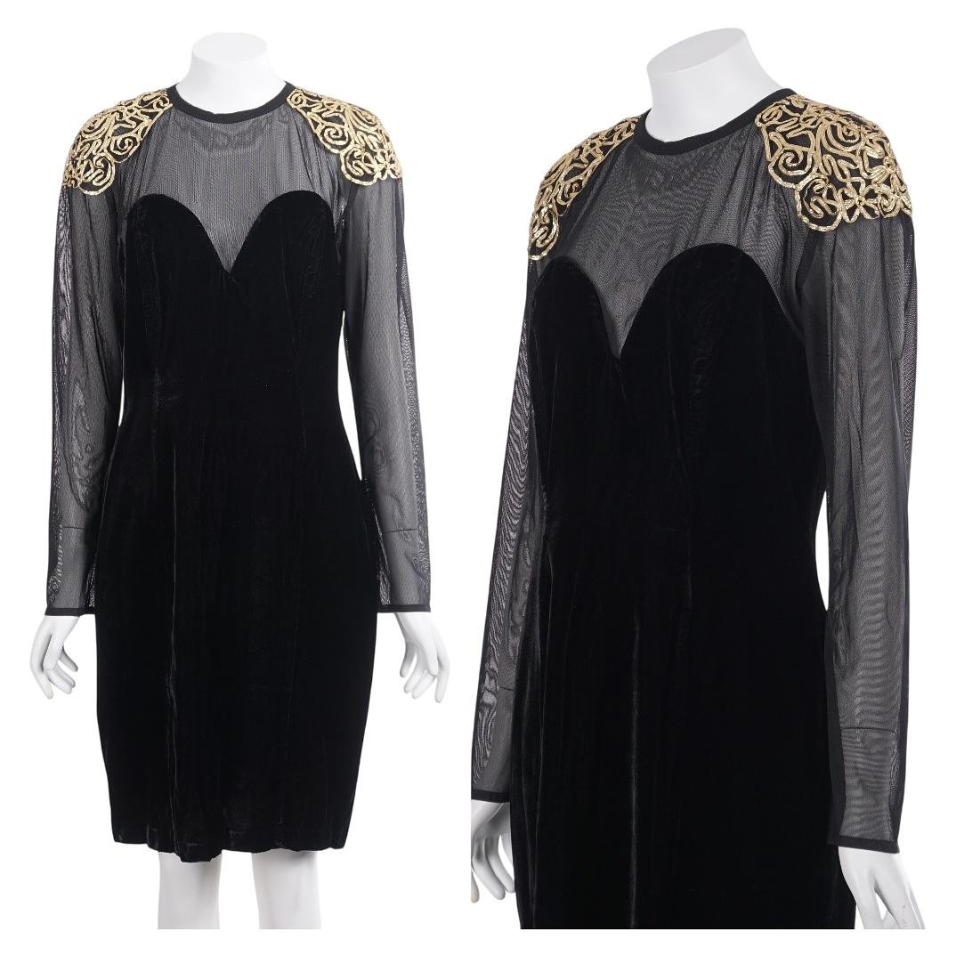 Susan Roselli for Vijack 80s Dress S/M Black Mesh Velvet Sheath Vintage Party