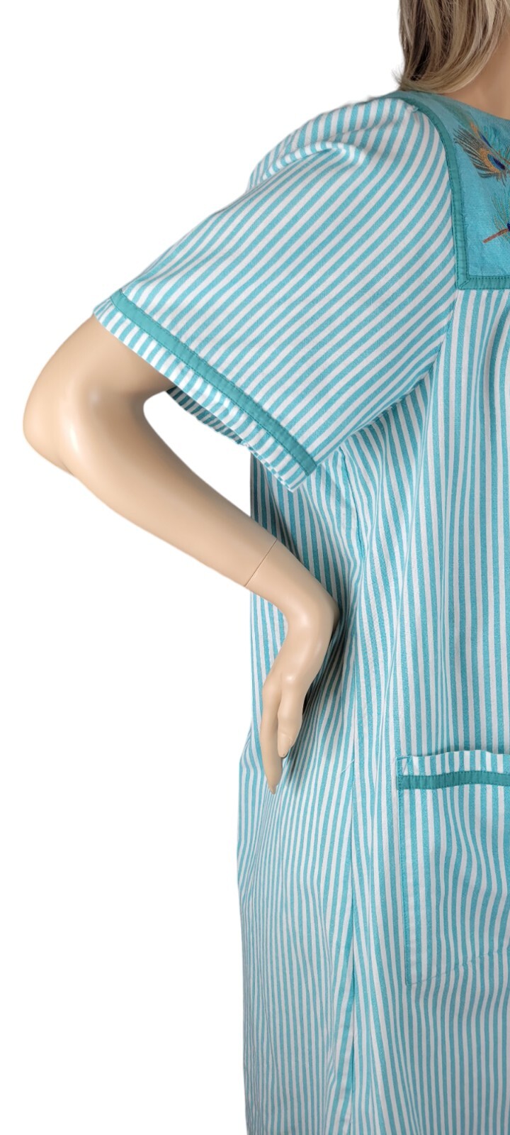 Vintage Go Softly Patio House Dress Stripes & Peacock Feathers Full Zip Boho XL
