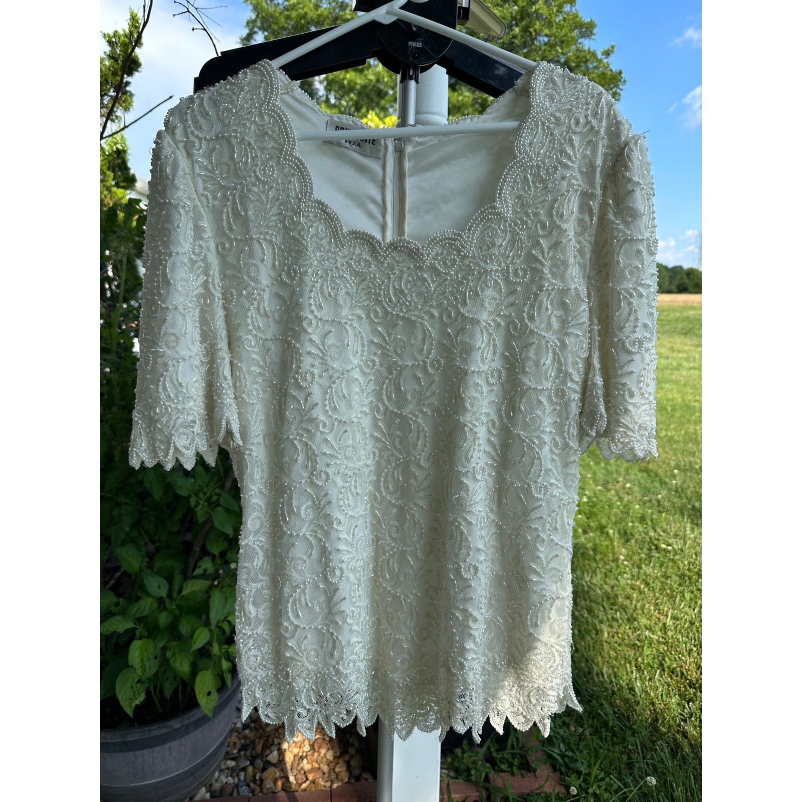 Brilliante by JA Vintage Beaded Sequin Lace Top Ivory Pearl Bridal Evening Sz L