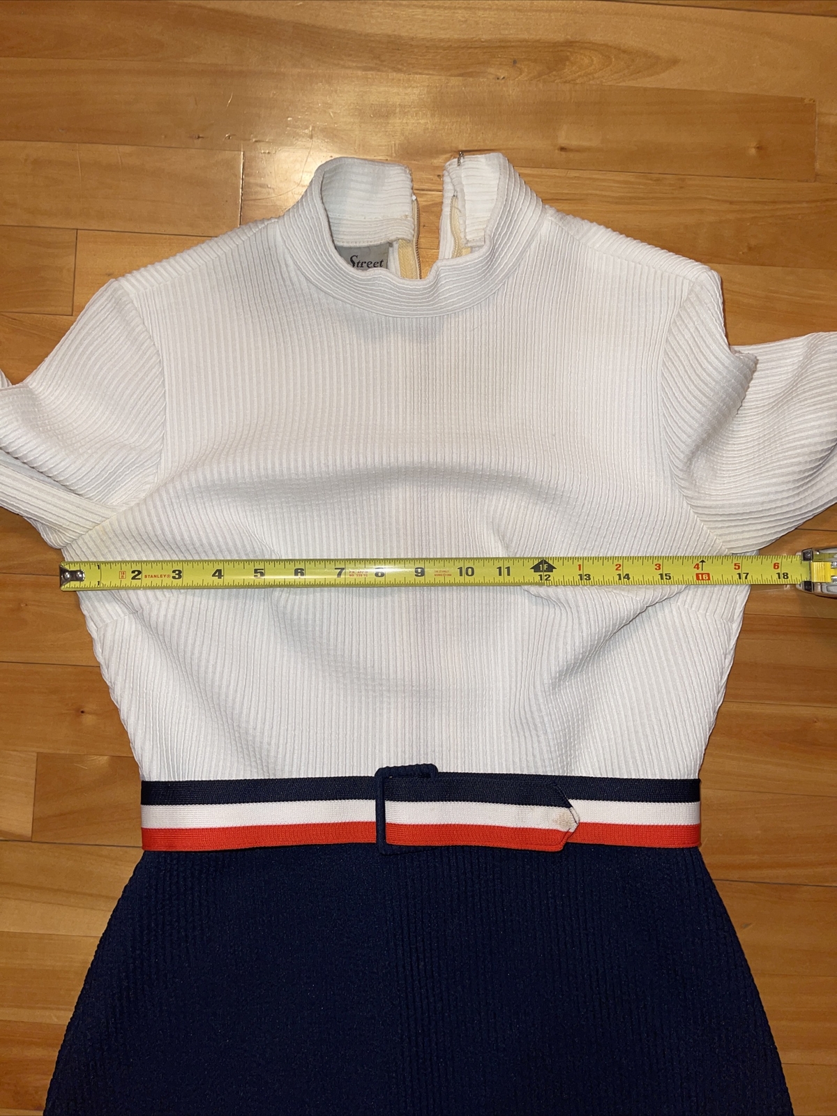Vintage 60s Bleeker Street Mod Go Go Belted Colorblock Dress S/M USA Ivory Navy
