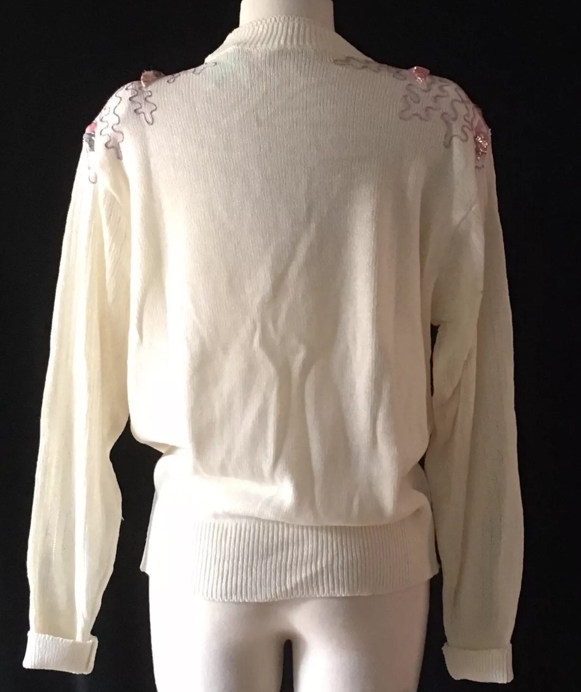 Vintage 1980’s Sweater Cardigan V Neck White Pink Lavender RIBBON PUFFS Japan