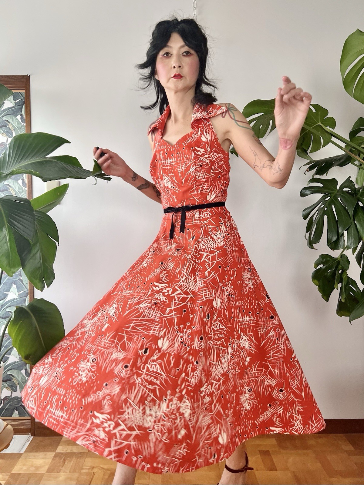50s Abstract Print Collared Halter Neck Corset Lace Up Cotton Dress S/M LVL Tiki