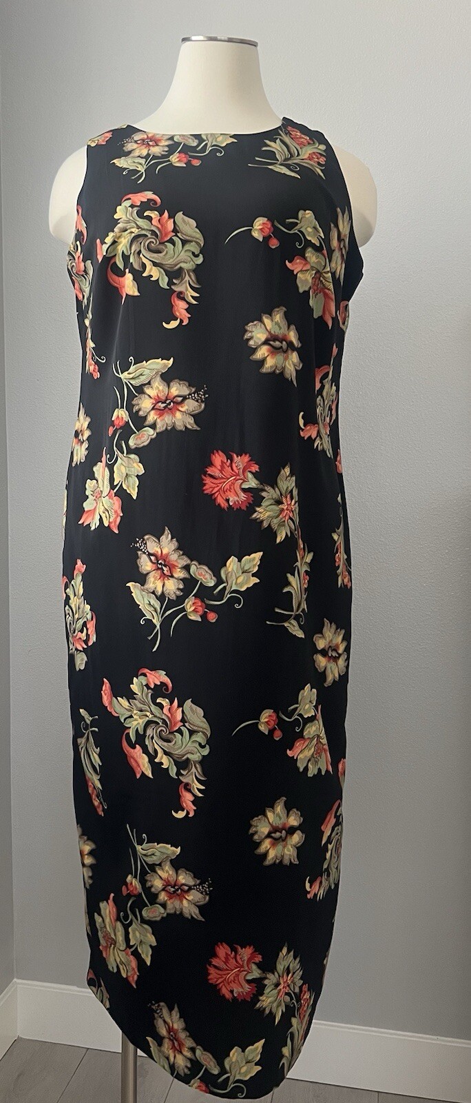 Vintage 90’s STUDIO I Fall Floral Black Sleeveless Maxi Sheath Dress Size 22