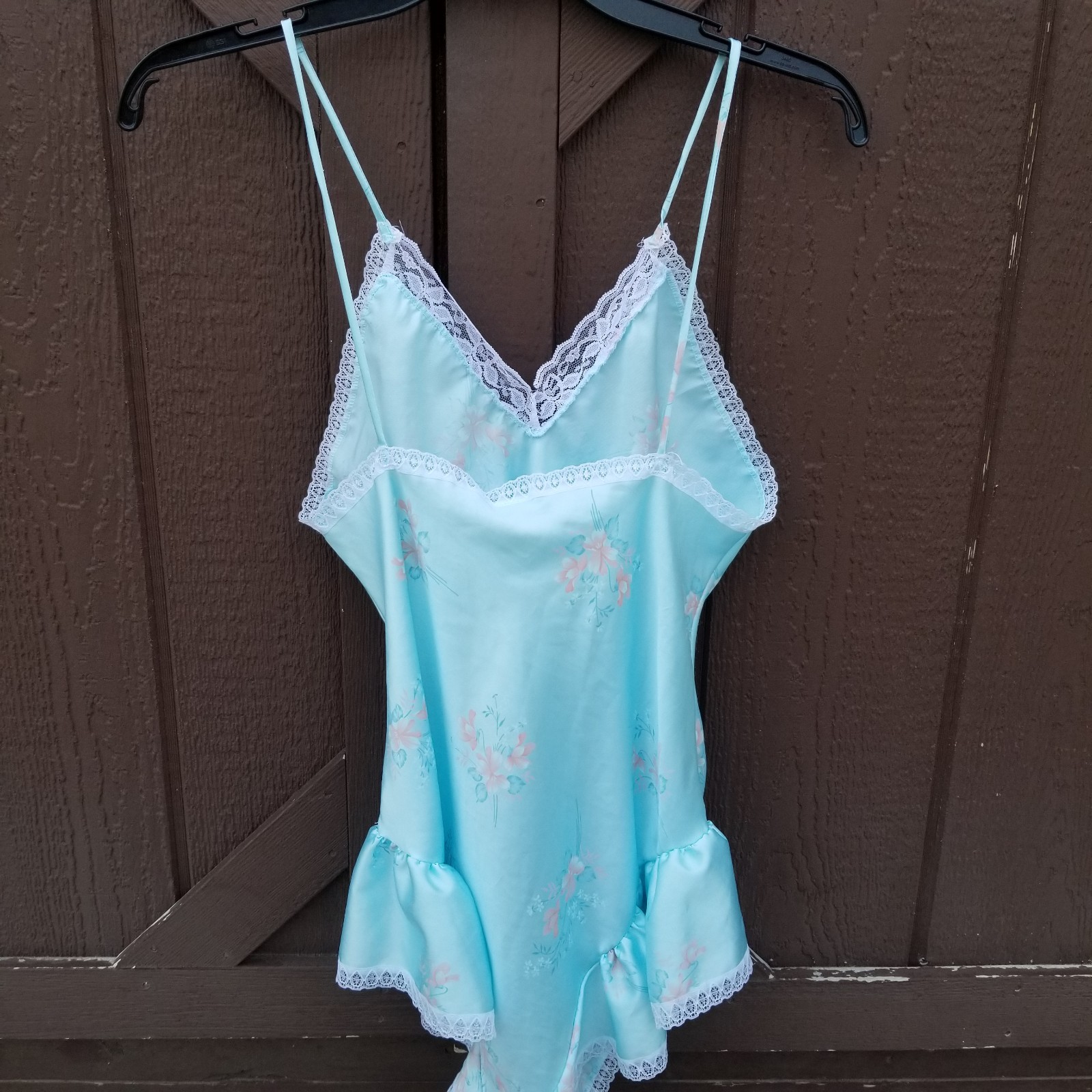 Miss Diva New York Vtg 80s Ruffled Teddy One Piece Nightie Blue Pink Floral M