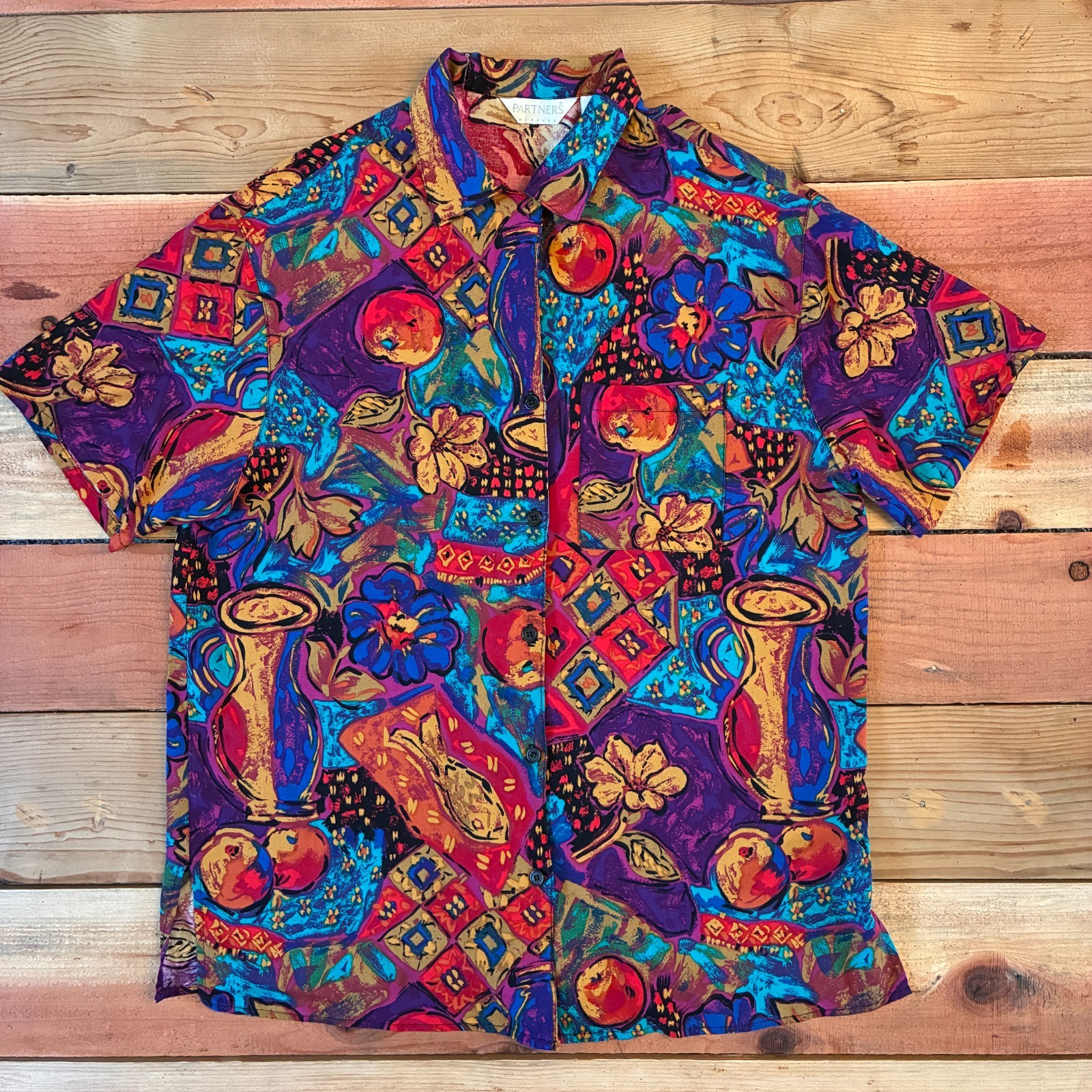 Vintage 90s Partners Mervyns Shirt Large Made in USA Rayon Wearable Art Abstract