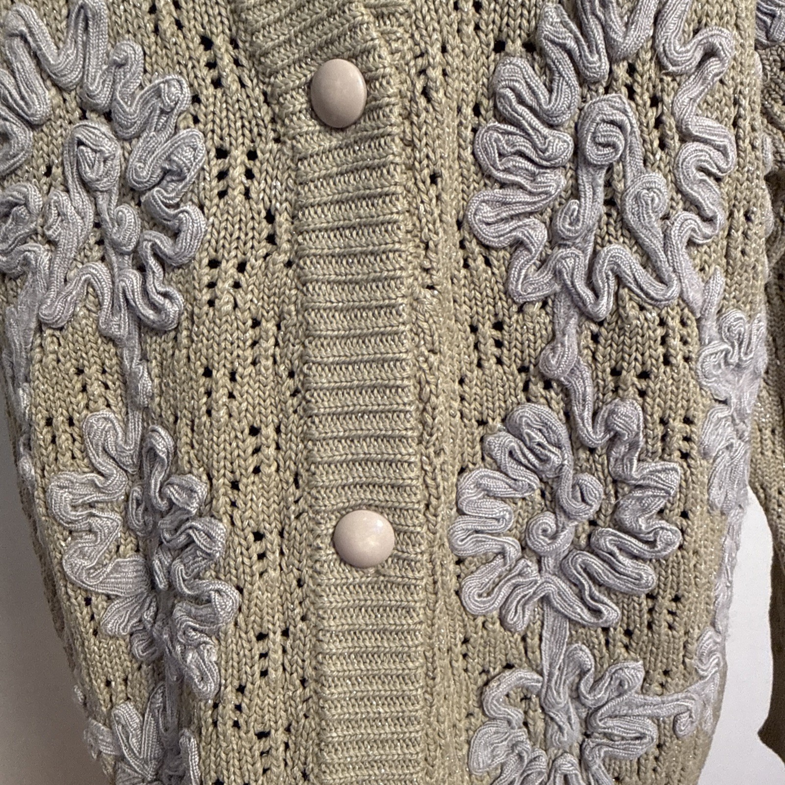 Vintage Fully Fashion Crochet Knit Appliqué Metallic Cardigan Wool Blend S-M