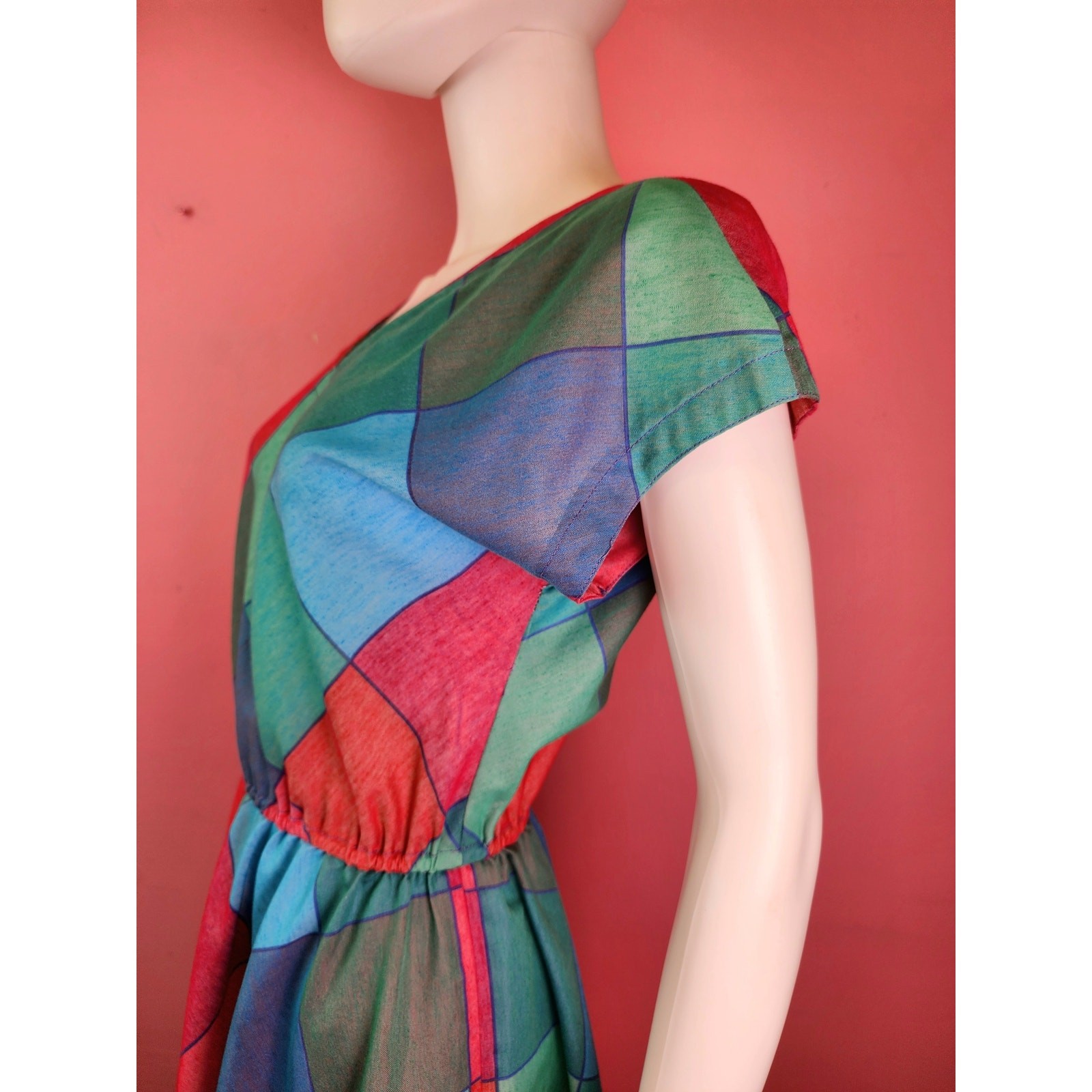 Vintage 1970’s Madras Harlequin Diamond Check Plaid Magenta Blue Shirt Dress