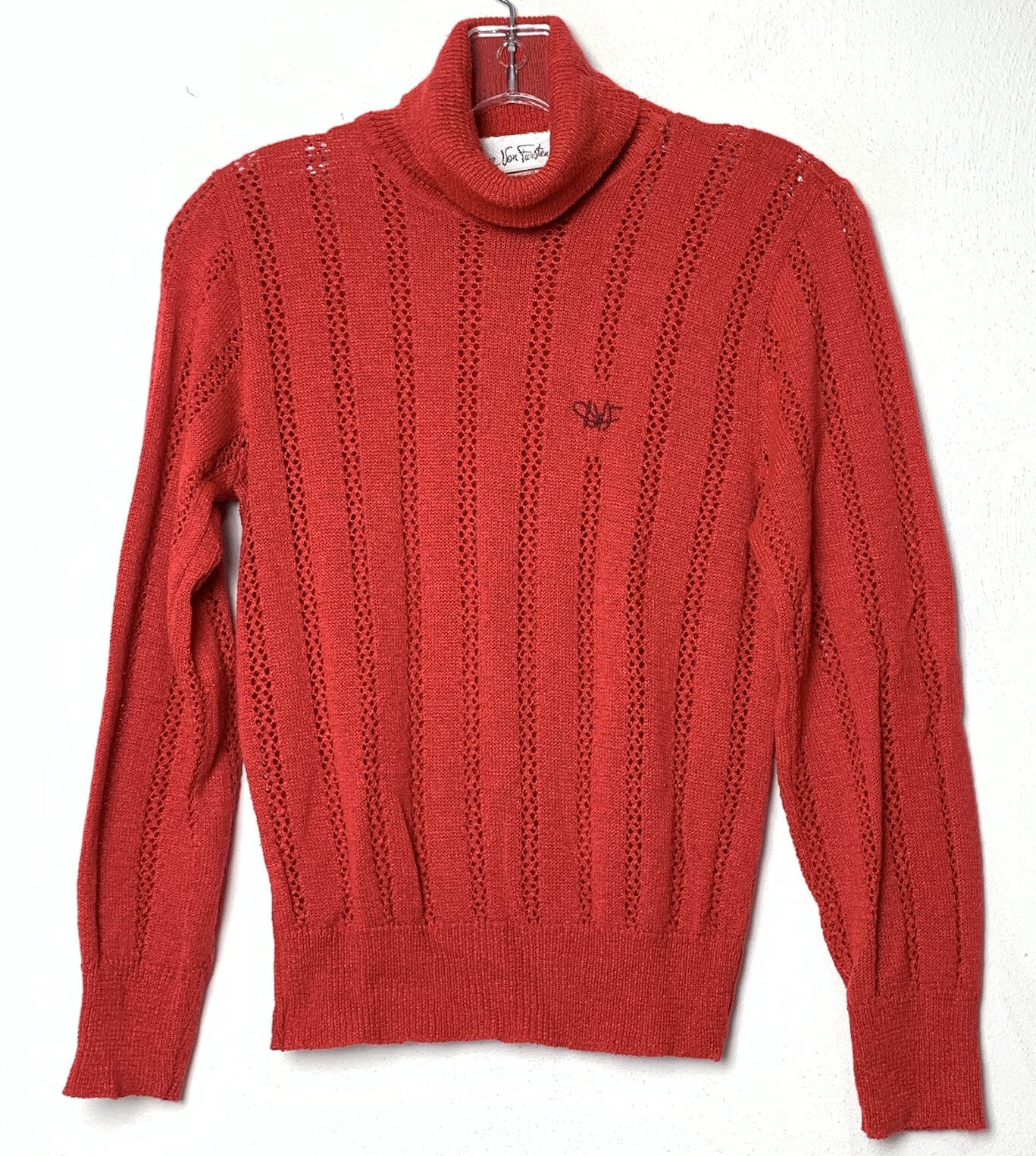 VTG 80s Diane Von Furstenberg Sz SMALL open knit sweater LOGO red acrylic nylon