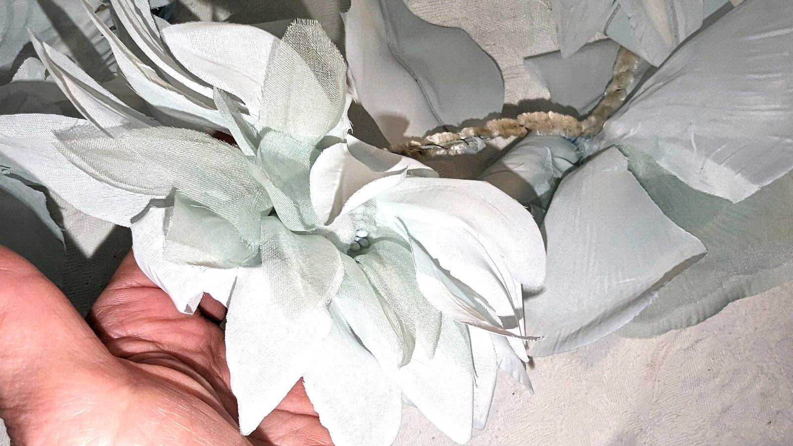 Gorgeous Vintage 40s 50s NOS Light Blue Chenille & Silk Flowers Headband Hatband