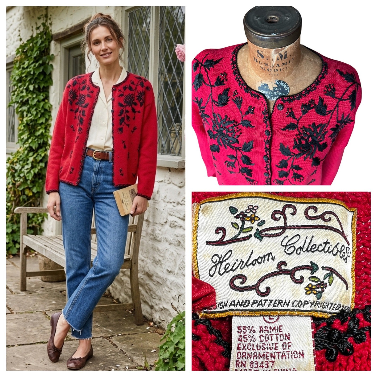 VTG 90s Heirloom Collectibles Cardigan Red Beaded Embroidered Grammacore Large