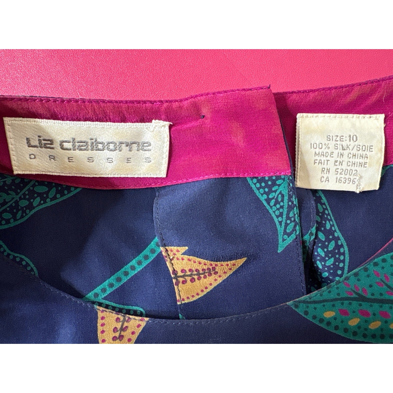 VTG 80s LIZ CLAIBORNE 100%Silk Navy Floral Midi Dress 10 Power Dressing Tropical