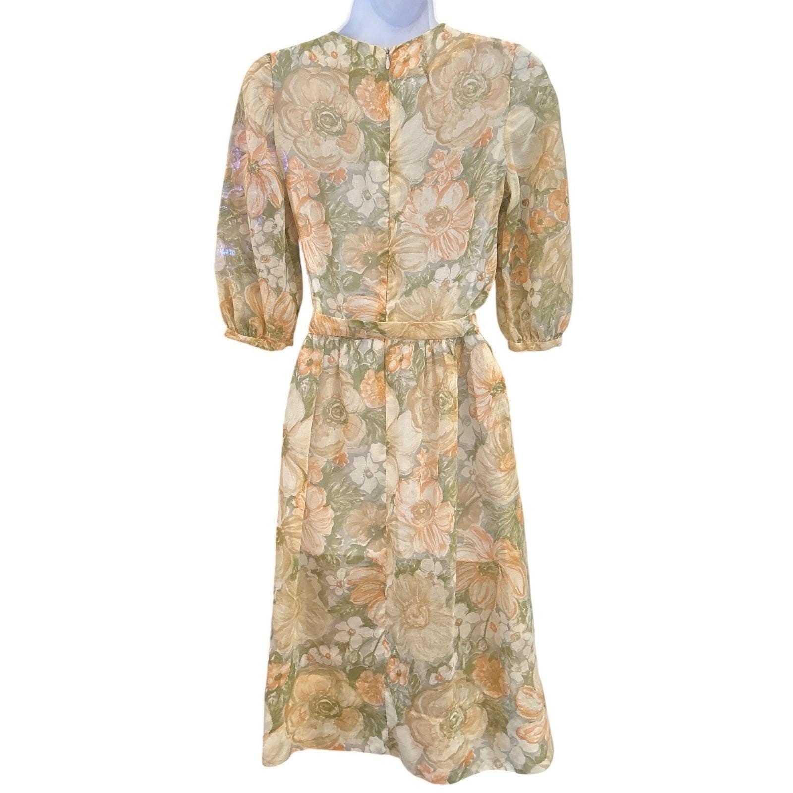 Vintage Unbranded Floral Midi Dress Cottagecore Romantic Fairycore Peach Green
