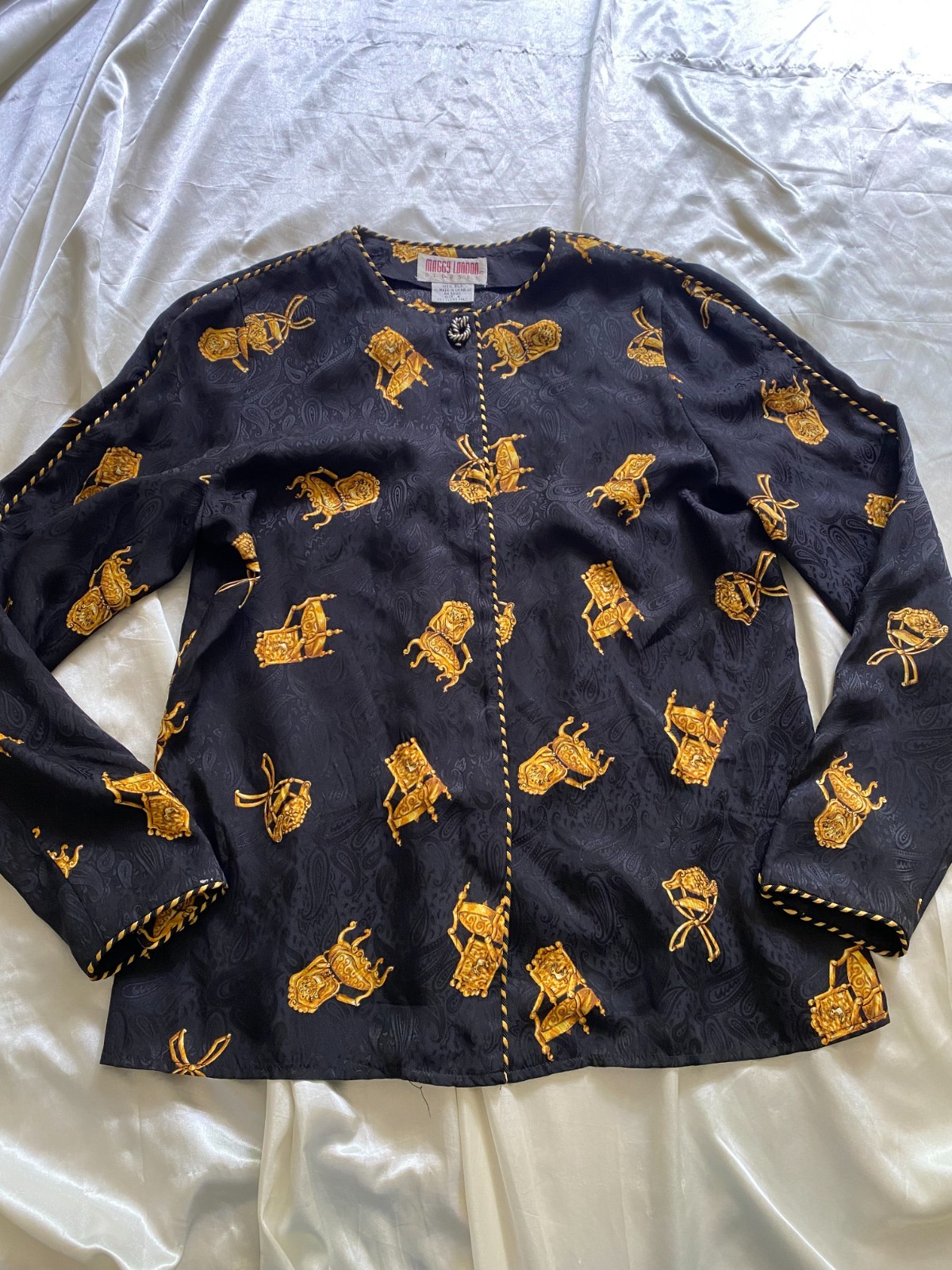 Vintage 1990s 100% Silk Baroque Chair Black Gold Novelty Blouse Size 6