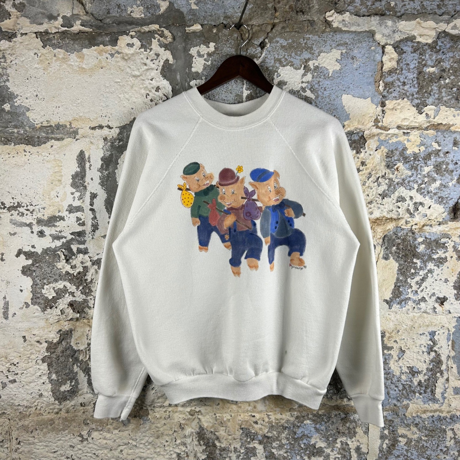 Vintage Three Little Pigs Graphic Sweatshirt Cream Tultex XL Raglan Sleeve 1993