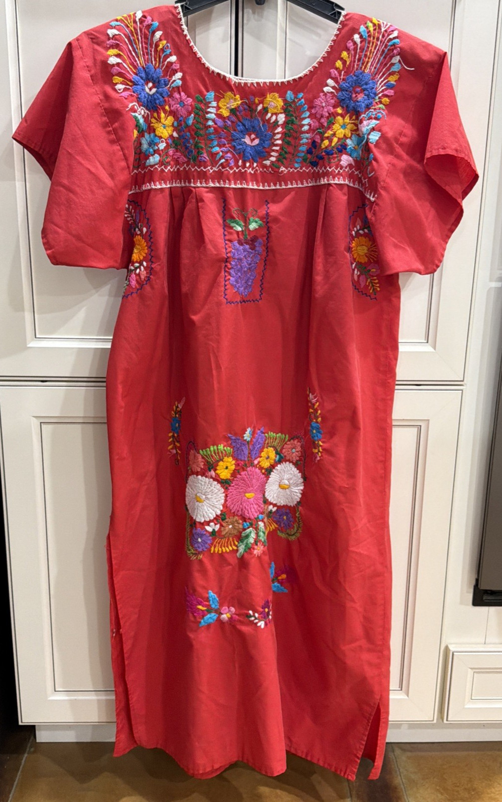 VTG Hand Embroidered Oaxaca Mexican Folk Art Dress Floral Motifs Women Size L