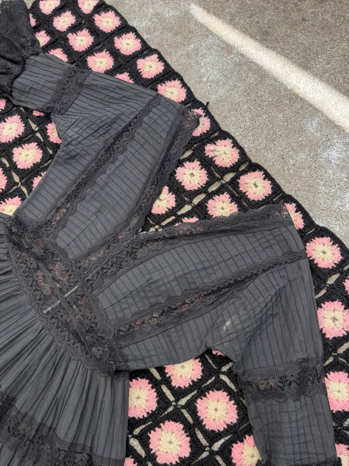 60s/70s Black Cotton Lace Maxi Dress Victorian Prairie Gothic Romantic Vintage
