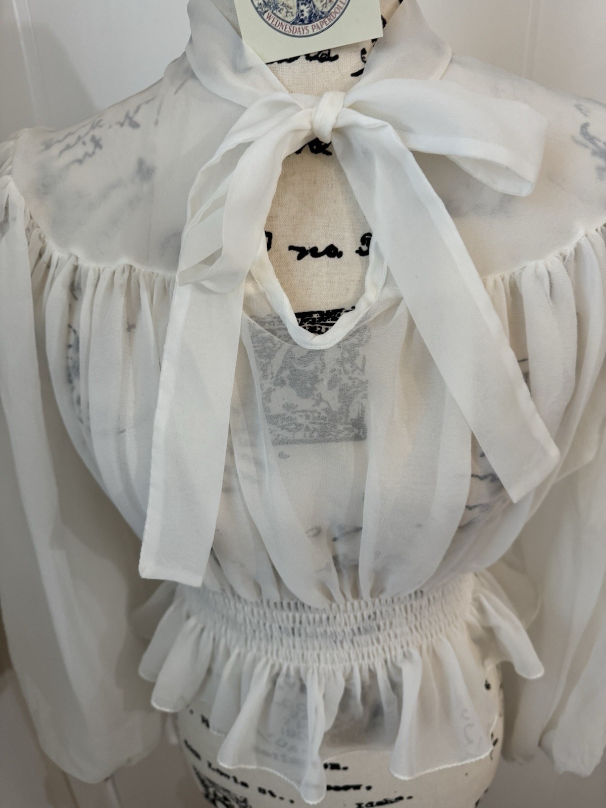 Vintage Sheer Poet Blouse Long Sleeve With Ribbon Tie & Elastic Band Size Small
