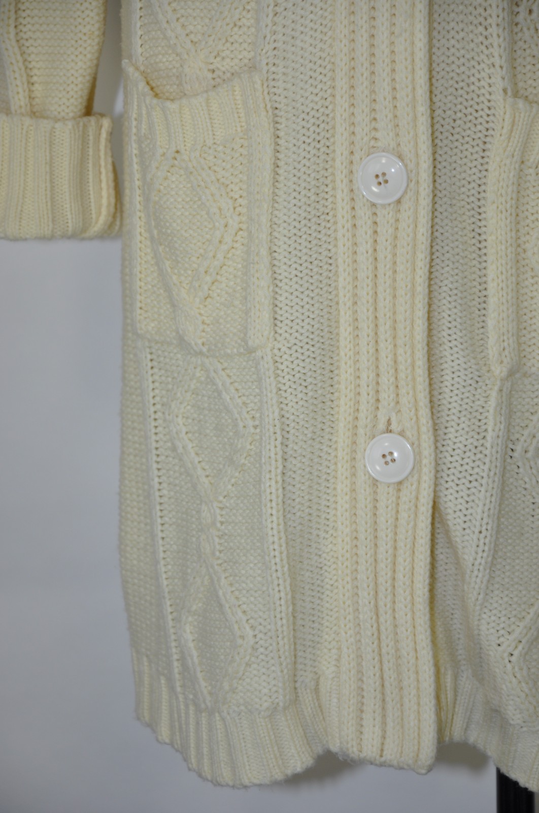 70s Cream Fisherman Cable Knit Shawl Duster Long Cardigan Sweater Coat Women M L