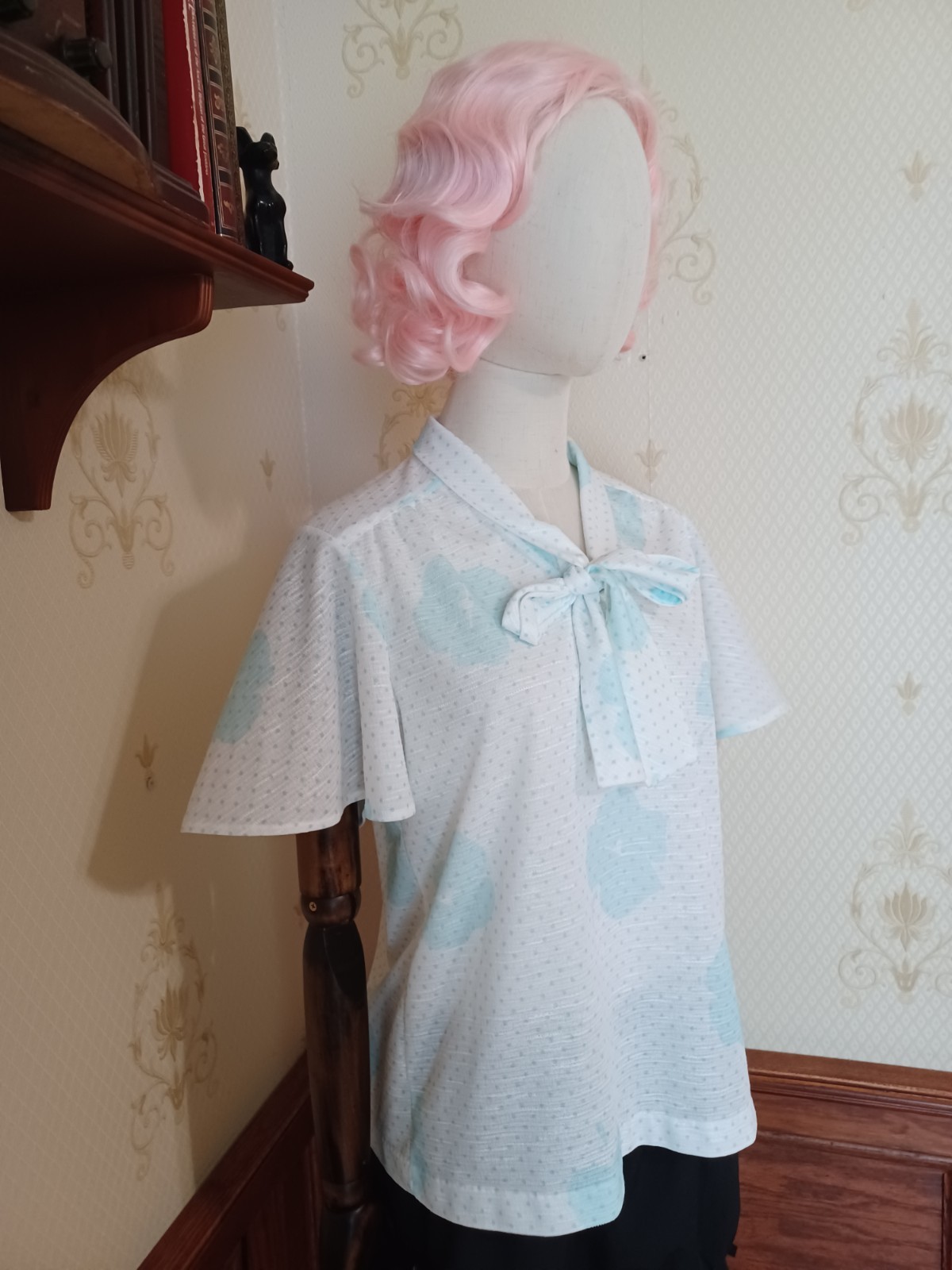 Vintage 1970s/80s Fire Islander Pastel Aqua Polka-dot Pussybow Secretary Blouse