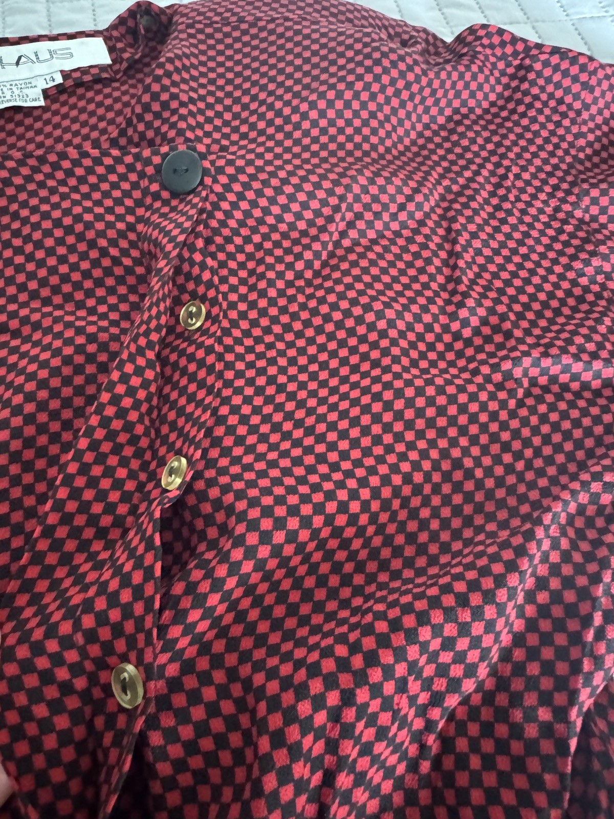 Vintage Ms Chaus Wrap Dress Red Black Check Rayon Midi Pockets Size 14 USA