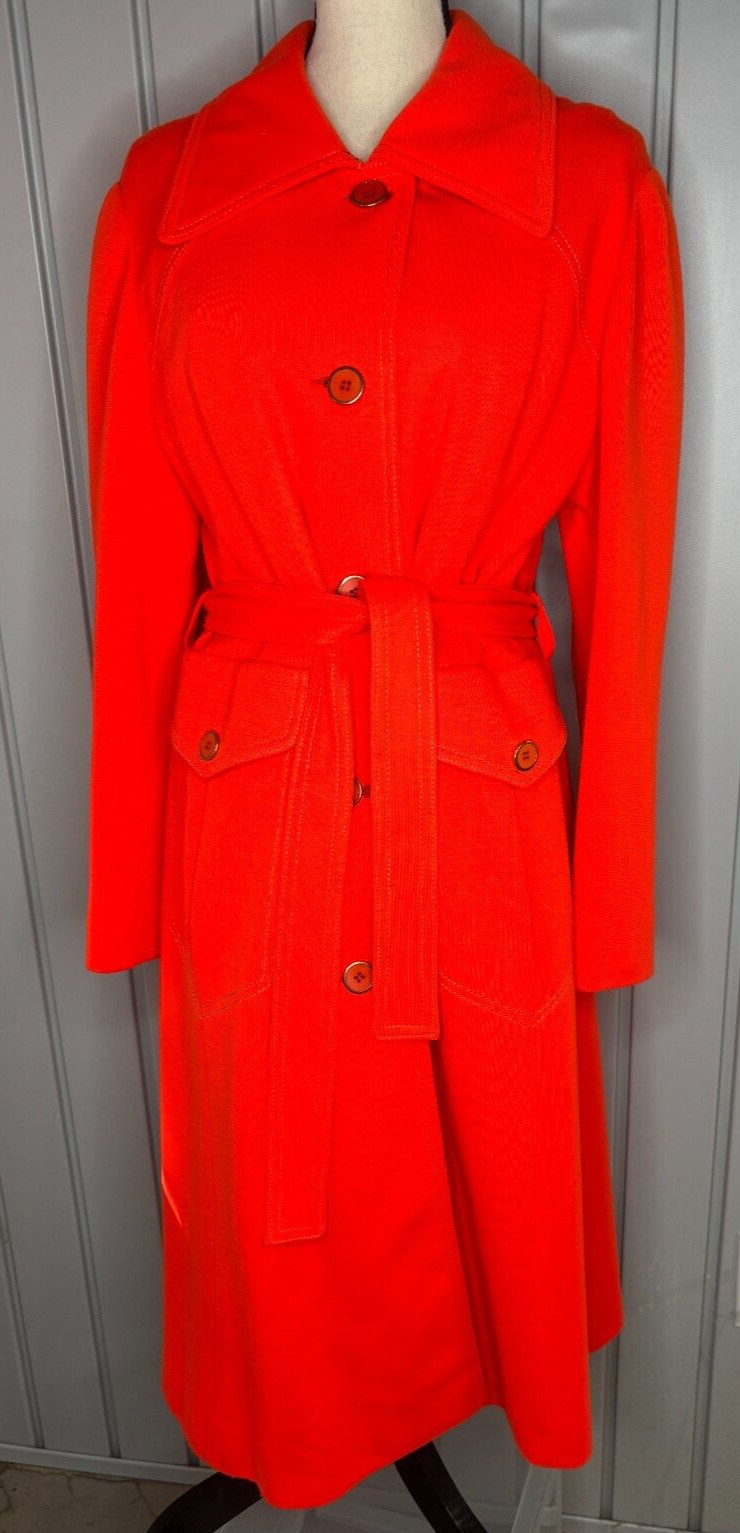 Vintage 1974-95 Womens Coat Size L-XL Orange Double Knit Buttons Tie Back Pleat