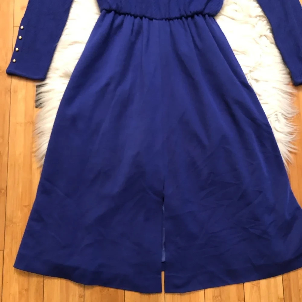 Vintage 70s 80s CIAO Ltd Wool Preppy Gold Stud Cobalt Midi Knot Sweater Dress 12