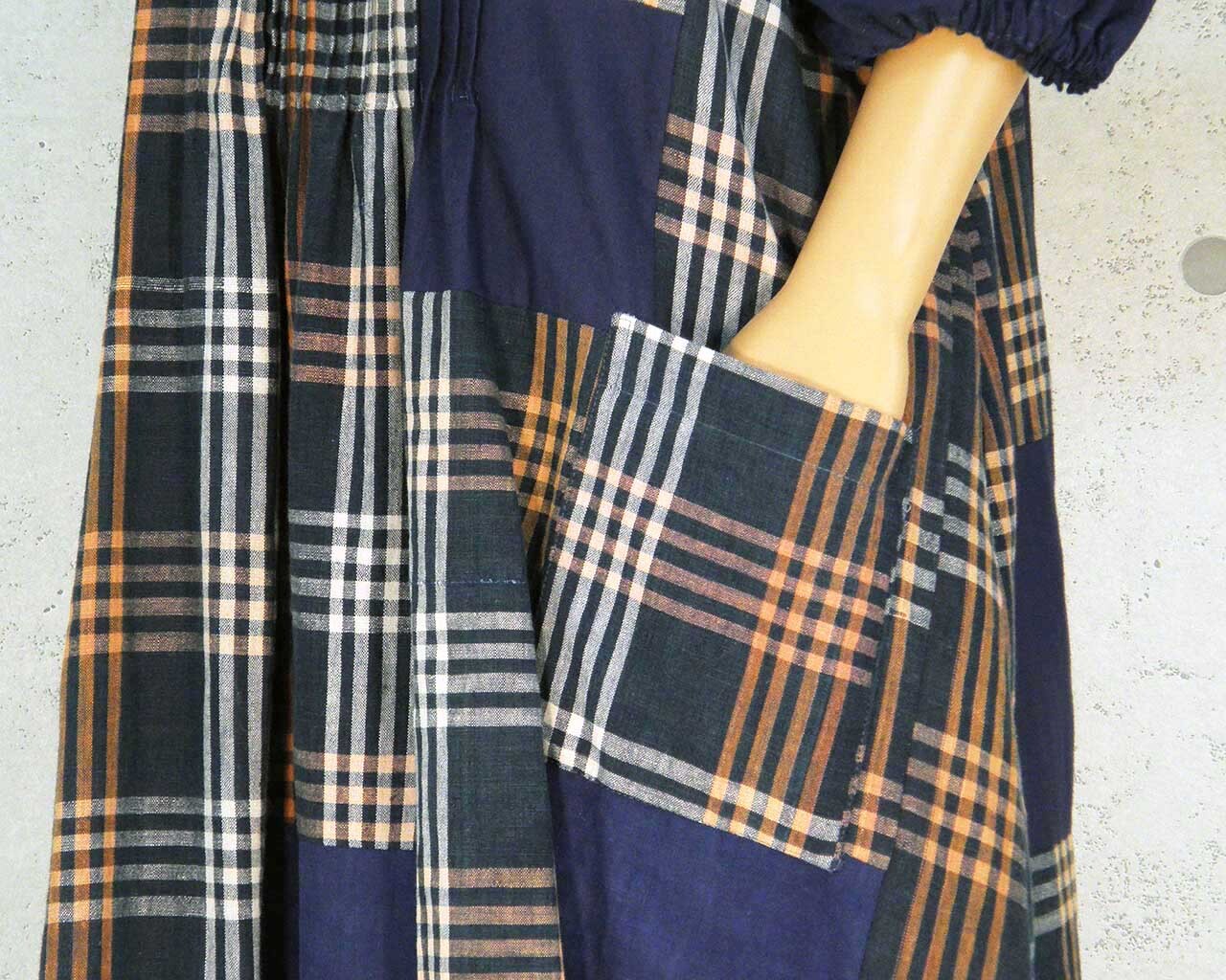Japanese Vintage Kimono Remake Dress Cotton Indigo-dyed Round-neck Short-sleeved