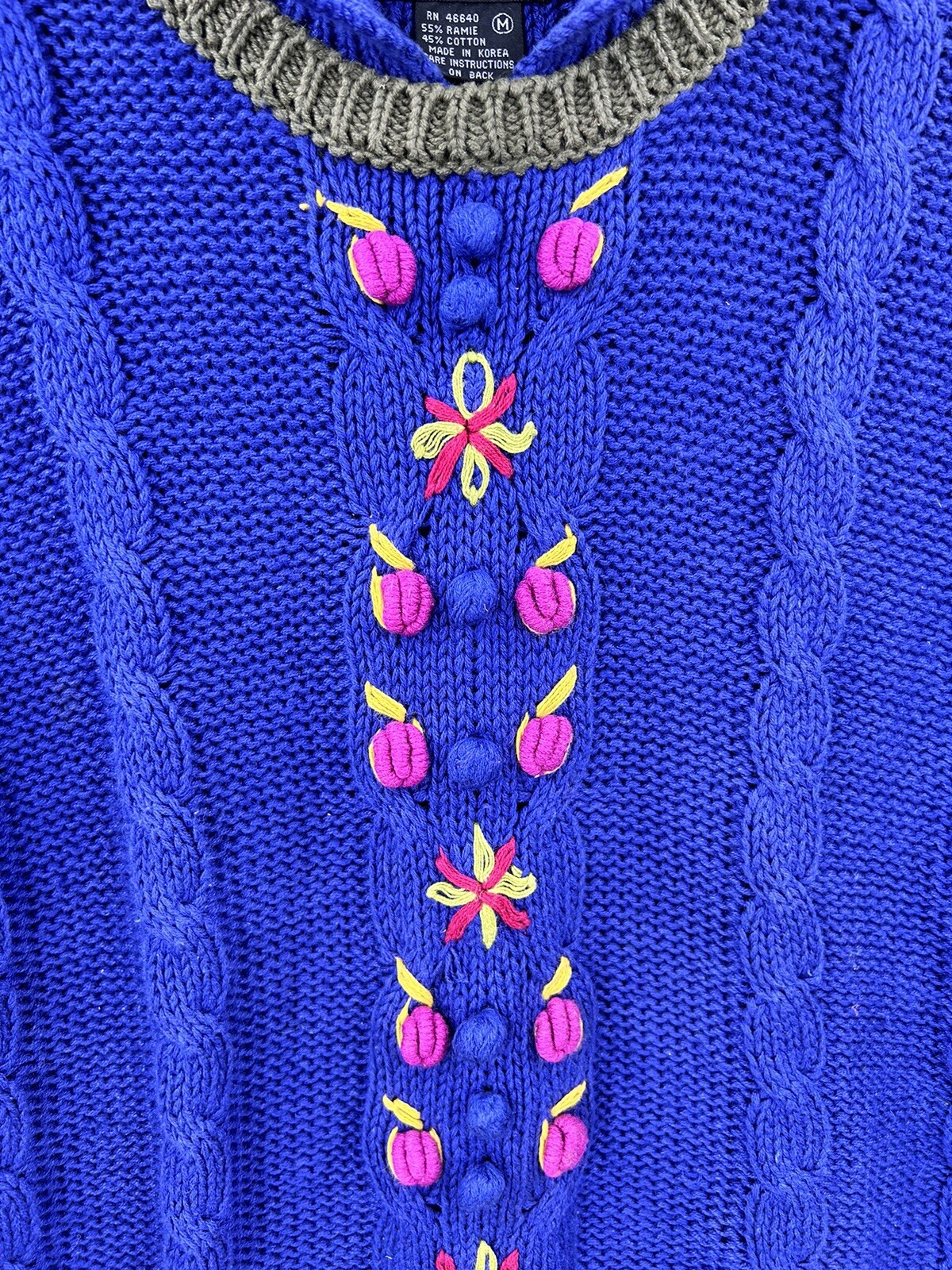 Vintage Counterparts Sweater Cable Knit Floral Pom Blue Women’s Size Medium 80’s