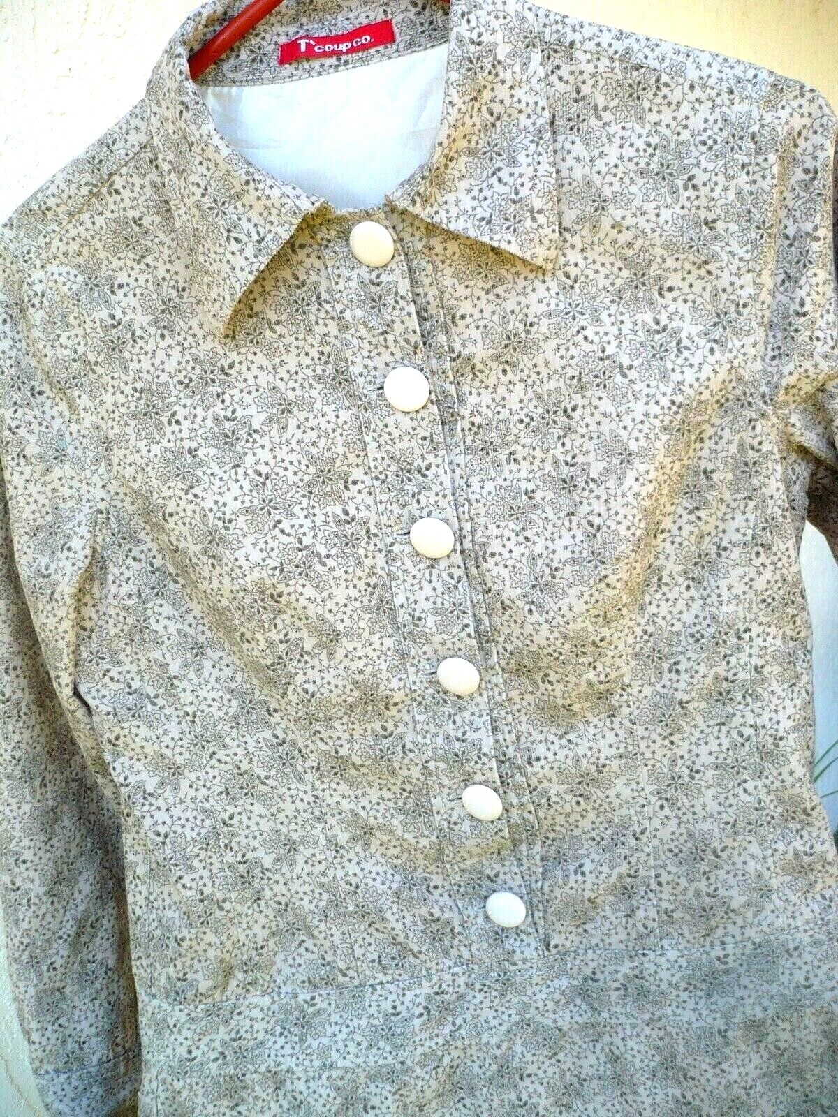VTG 90S S M IVORY CREAM RIBBED CORDUROY GRAY FLORAL FITTED DROP WAIST KNEE DRESS