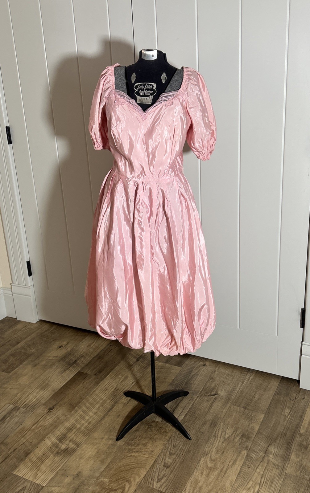 Vintage 1980’s Puff Sleeve Bubble Hem Pink Satin Dress