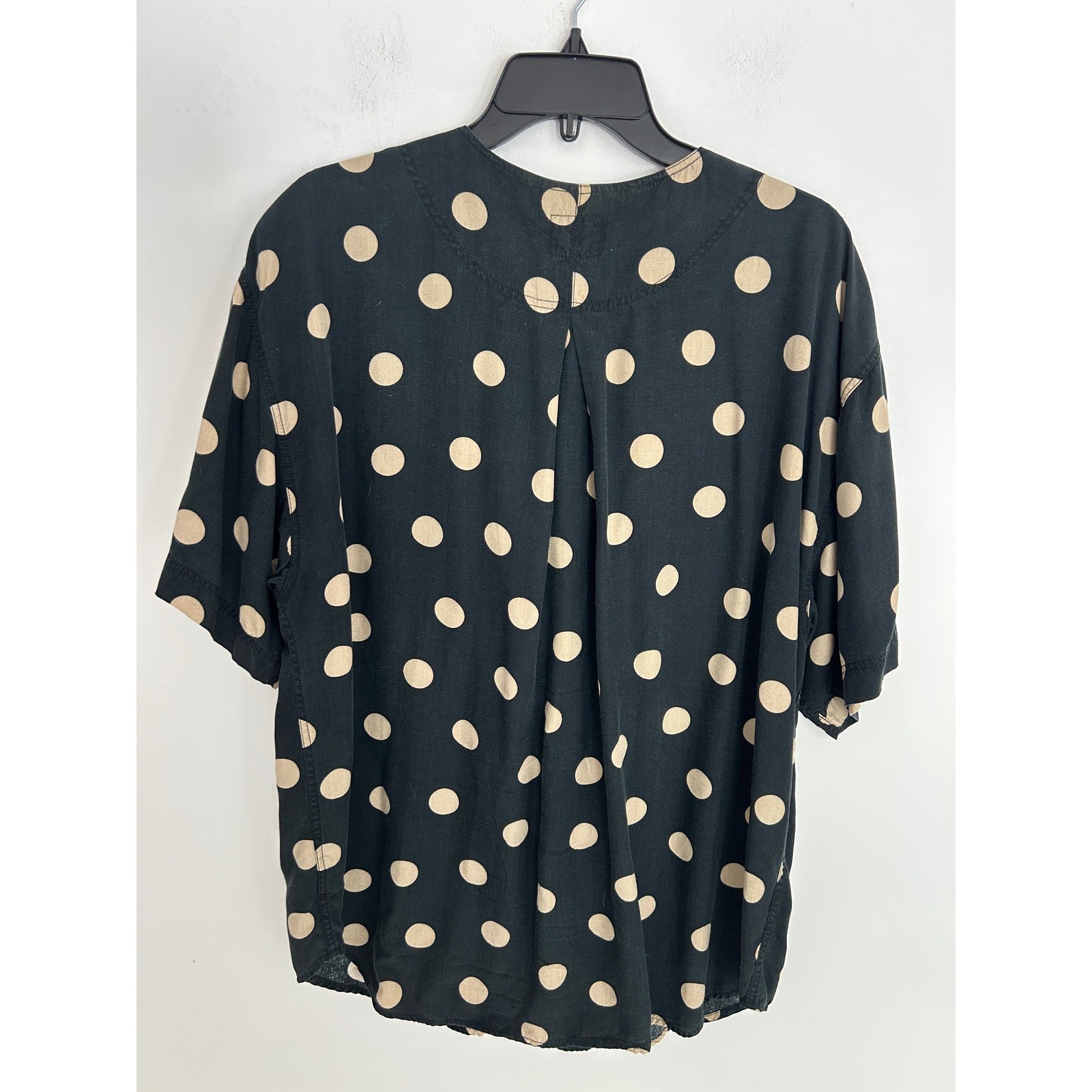 Lizwear Vintage Polka Dot Rayon Button Down Shirt Black Tan Large Short Sleeve