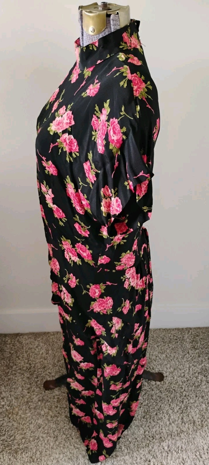 Vtg 80s Floral Print Dress Cap Sleeves Shoulder Pads Peplum Maxi Skirt 8/10