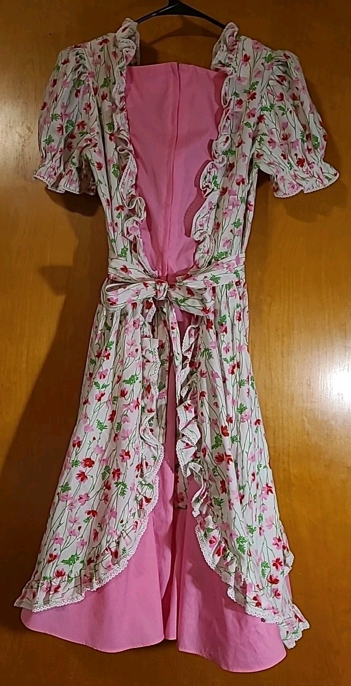 Cottagecore Vintage Pink Red Green Floral Prairie Dress Ruffles Puff Sleeves 14