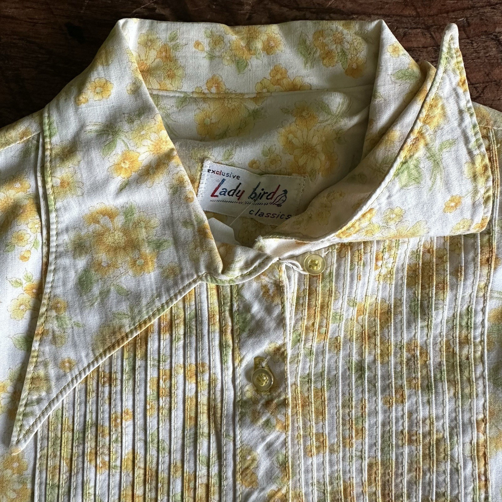 LADY BIRD Vtg Yellow Floral Dress Shirt Sheath Dainty