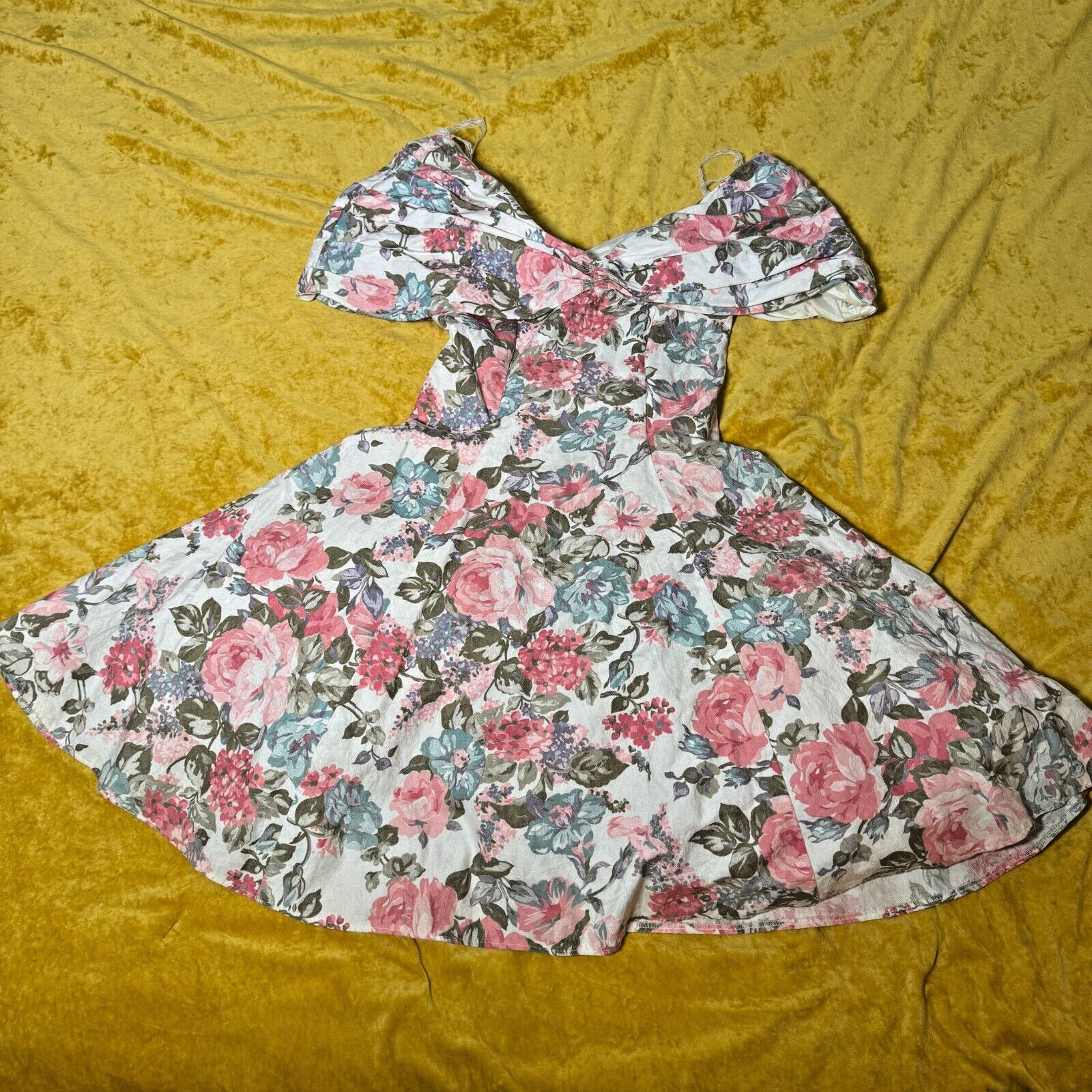 Vintage Positively Ellyn Womens Cocktail Floral Midi Dress Off Shoulder Medium