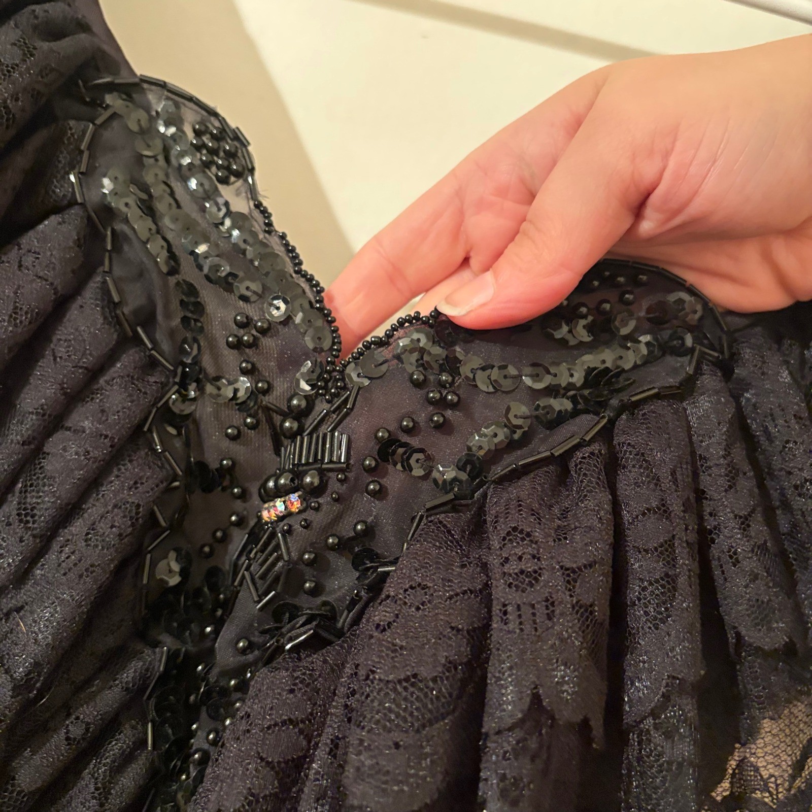 Vintage 80s Black Lace Ruffle Off Shoulder Beaded Bodycon Dress Whimsigoth Sz S