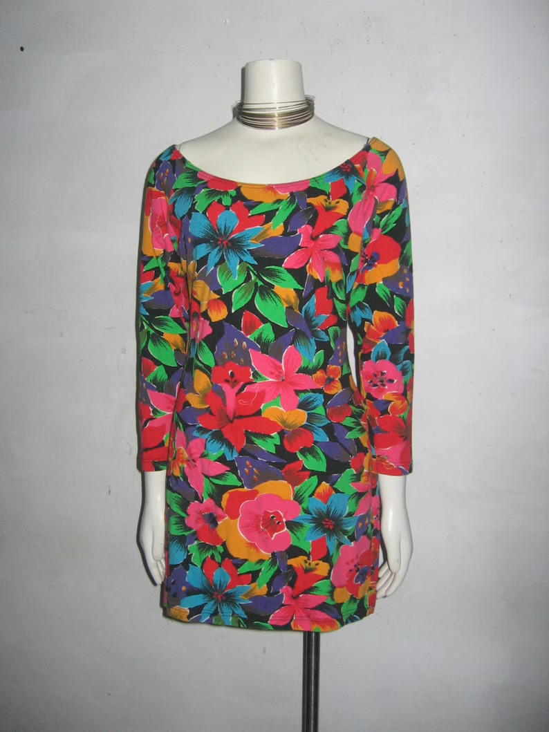 VTG Vibrant Multicolor Floral Print Knit Dress Bodycon Grunge Goth Short Dress M