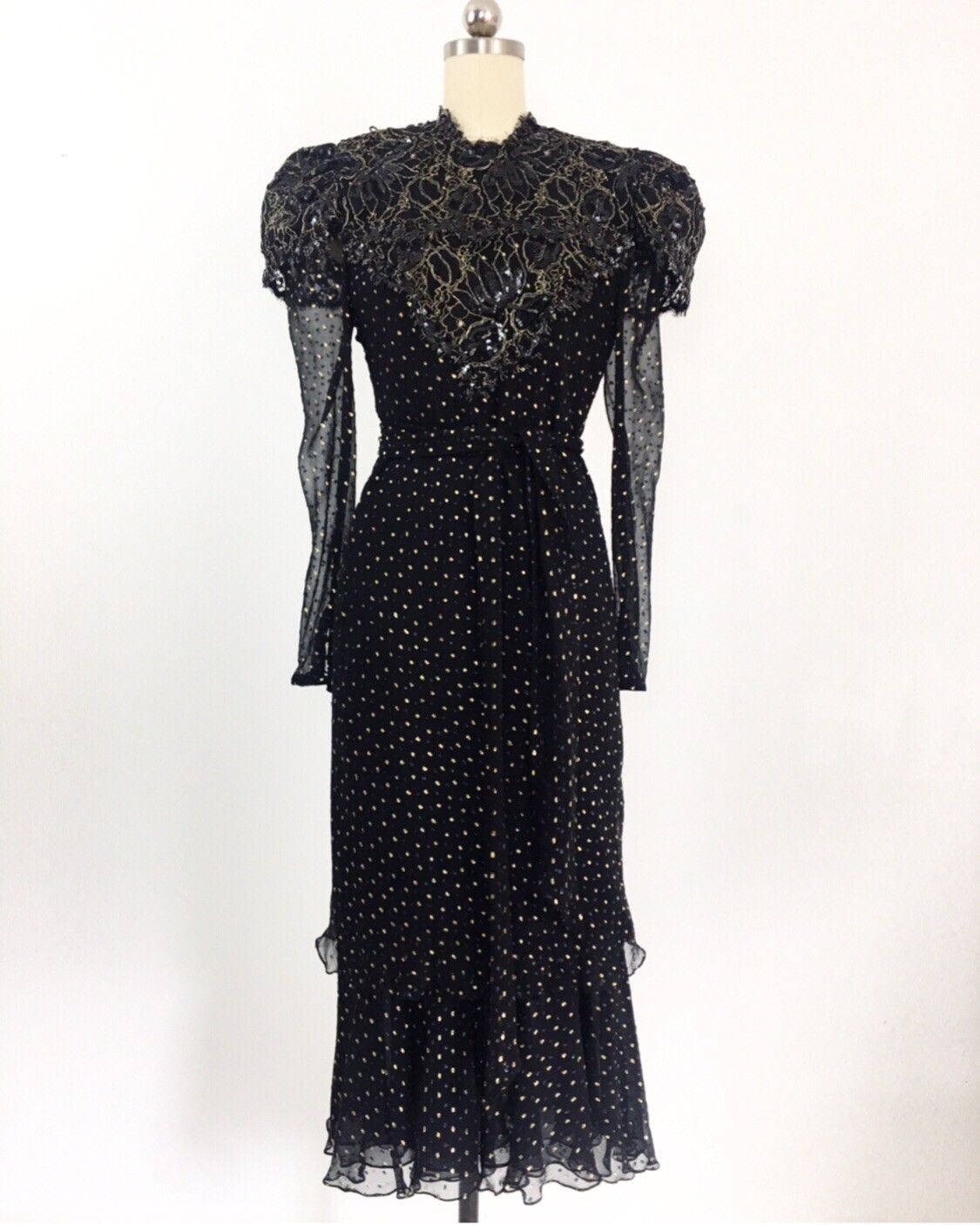 Vintage Judy Hornby Pure Silk Heavily Beaded Bodice Dress W/ Polka Dots Size M