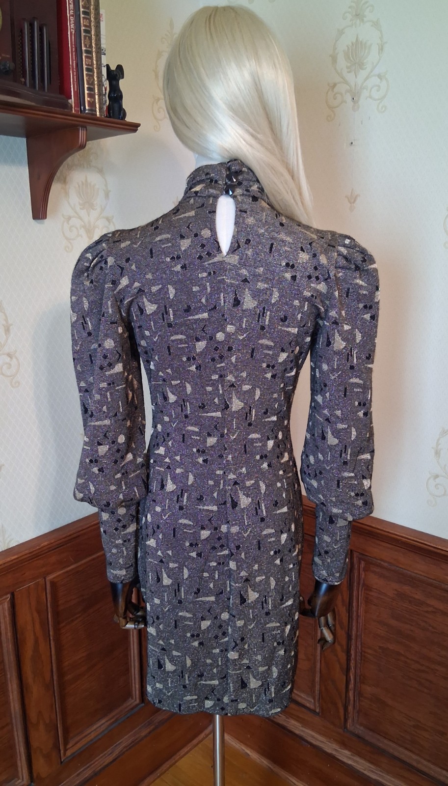 Vintage 80s All that Jazz Metallic Gold New Wave Puff Sleeve Bodycon Mini Dress