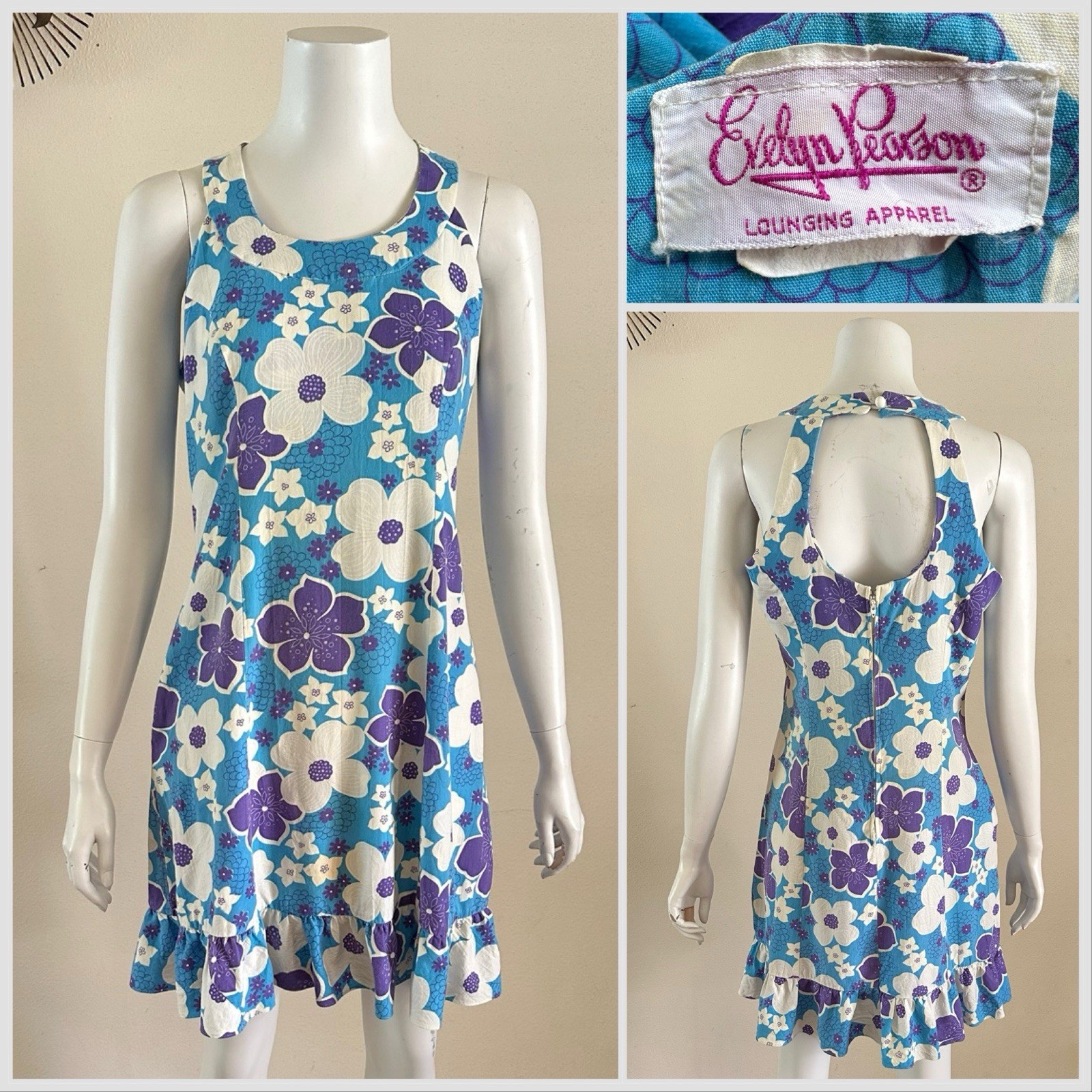 1960s Evelyn Pearson Hawaiian Mod Dress Keyhole Back Floral Mini Talon Zip VTG
