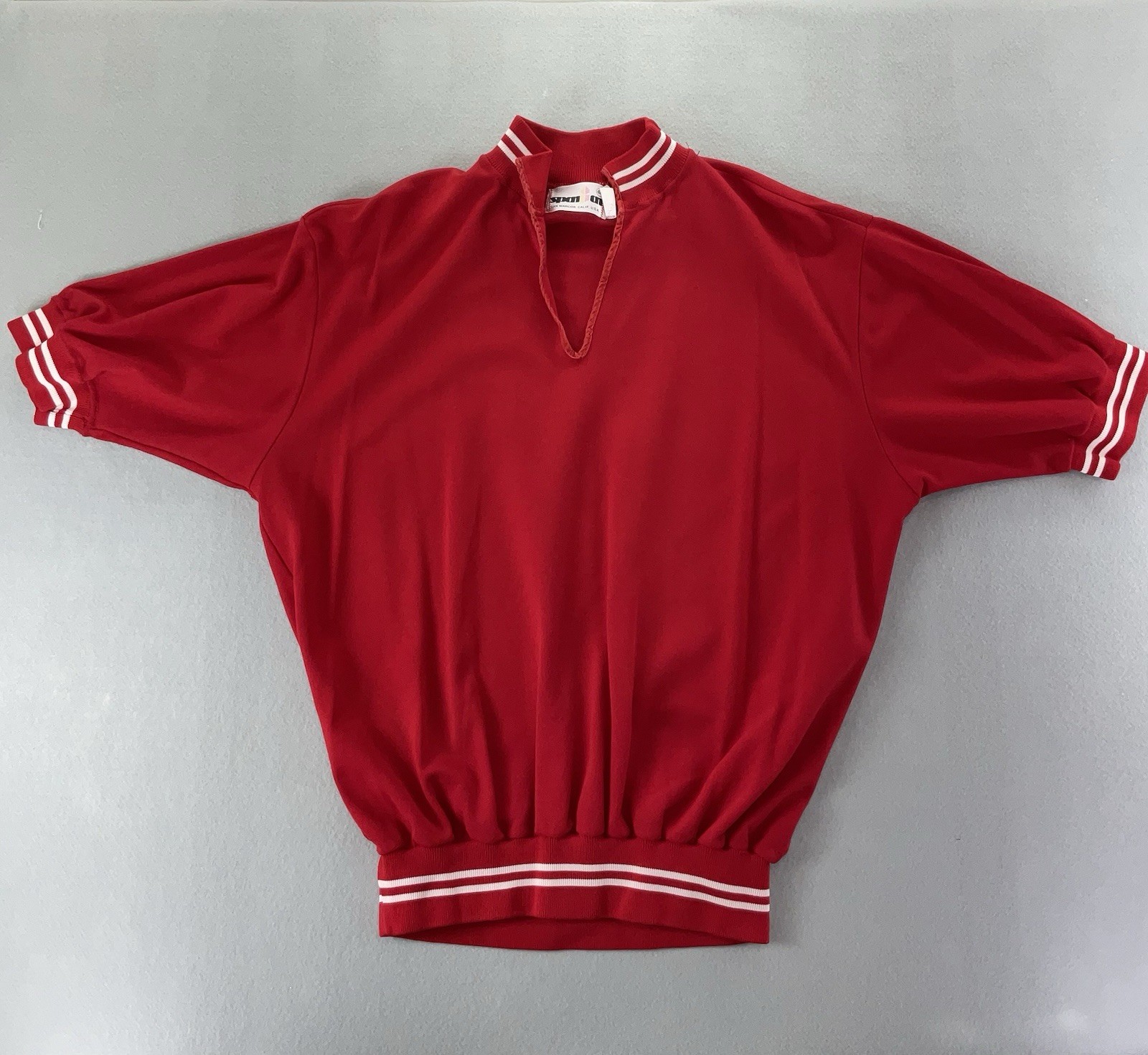 70s 80s Vintage Red Tshirt White Stripes Banded Short Sleeves & Waist L-XL