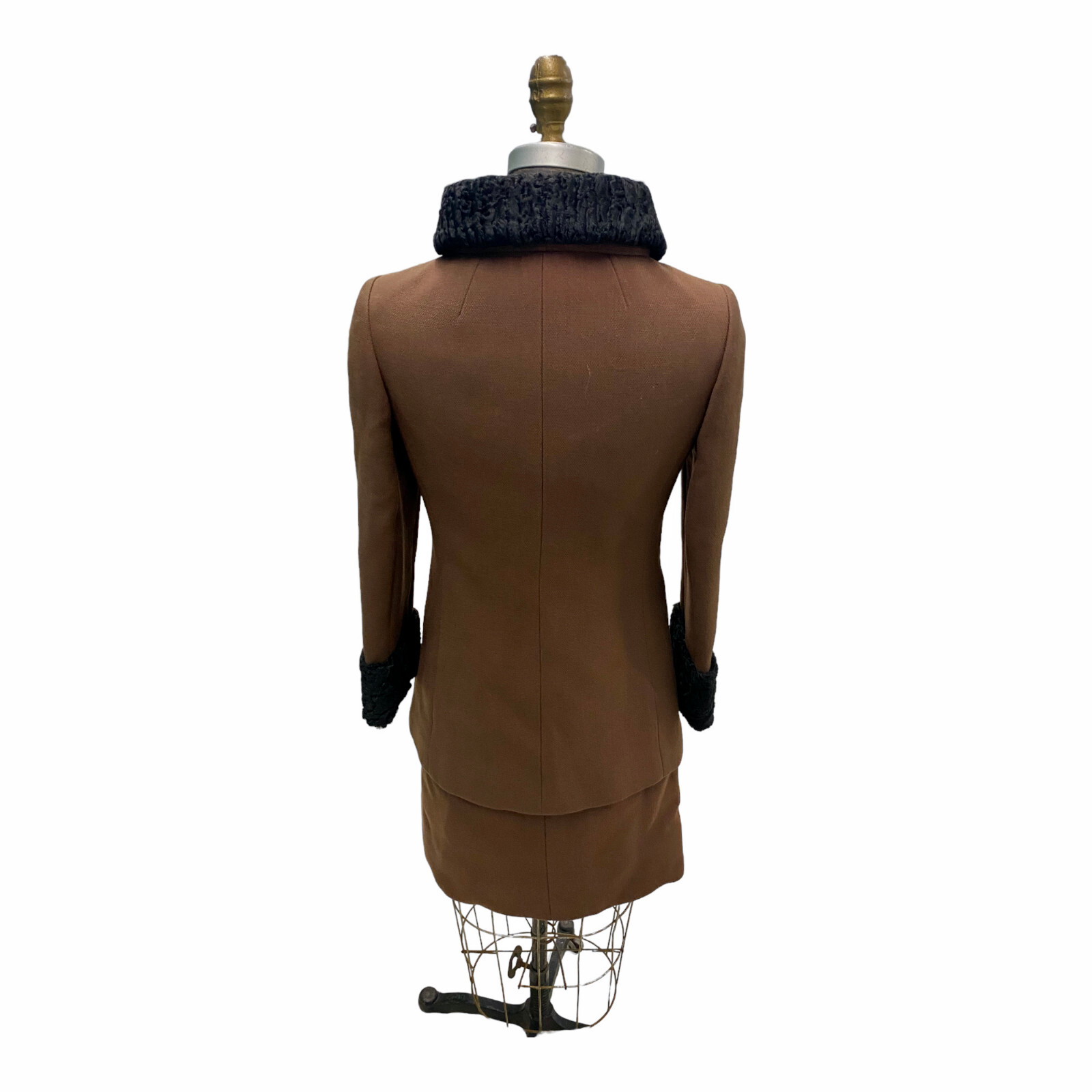 Vintage 1950s Brown Wool Coat Black Persian Lamb Trim & Dress Small