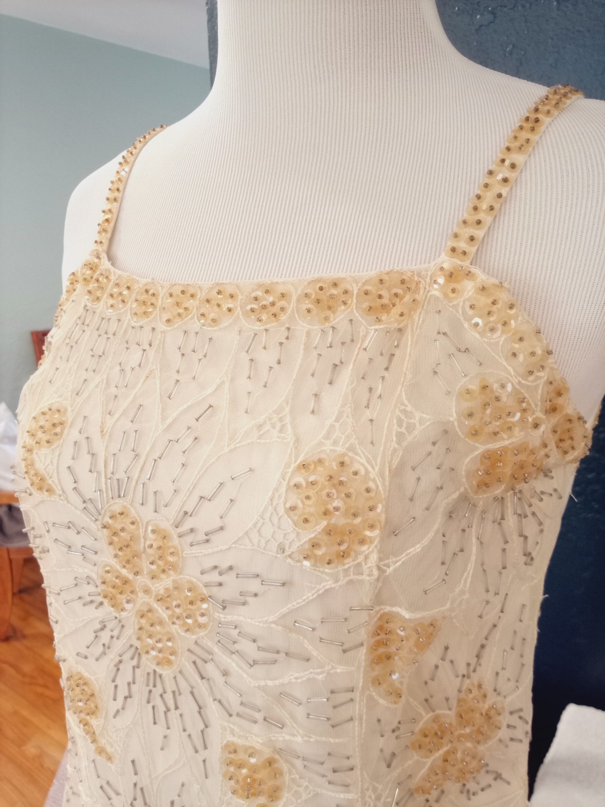 Stunning VTG 40s 50s Beaded Maxi Sun Dress Gown Sz S Yellow Strappy Sunflowers