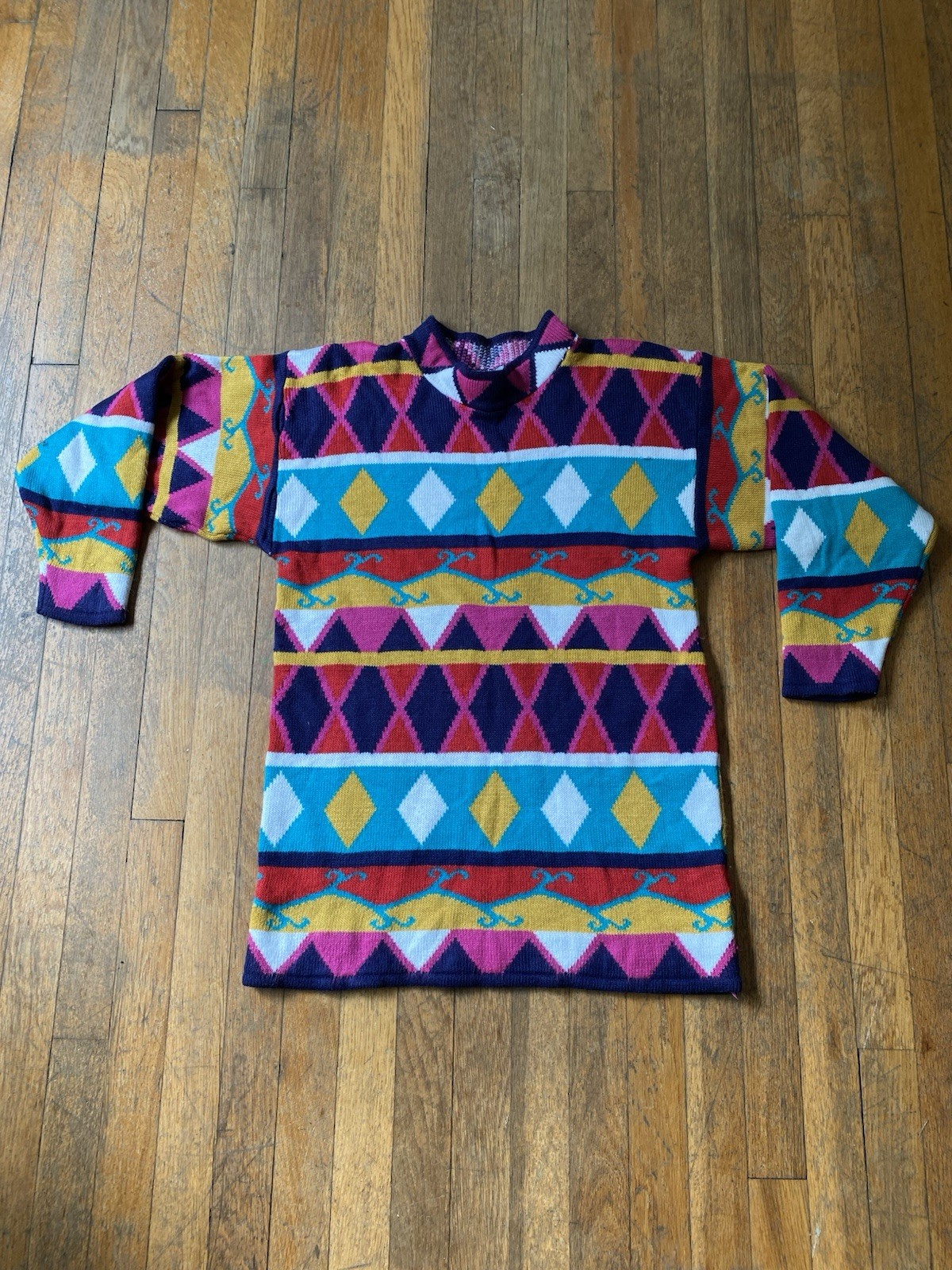 Vtg 80s Willow Ridge Geometric Diamond Knit Sweater Dress Tunic Loud Bright Med